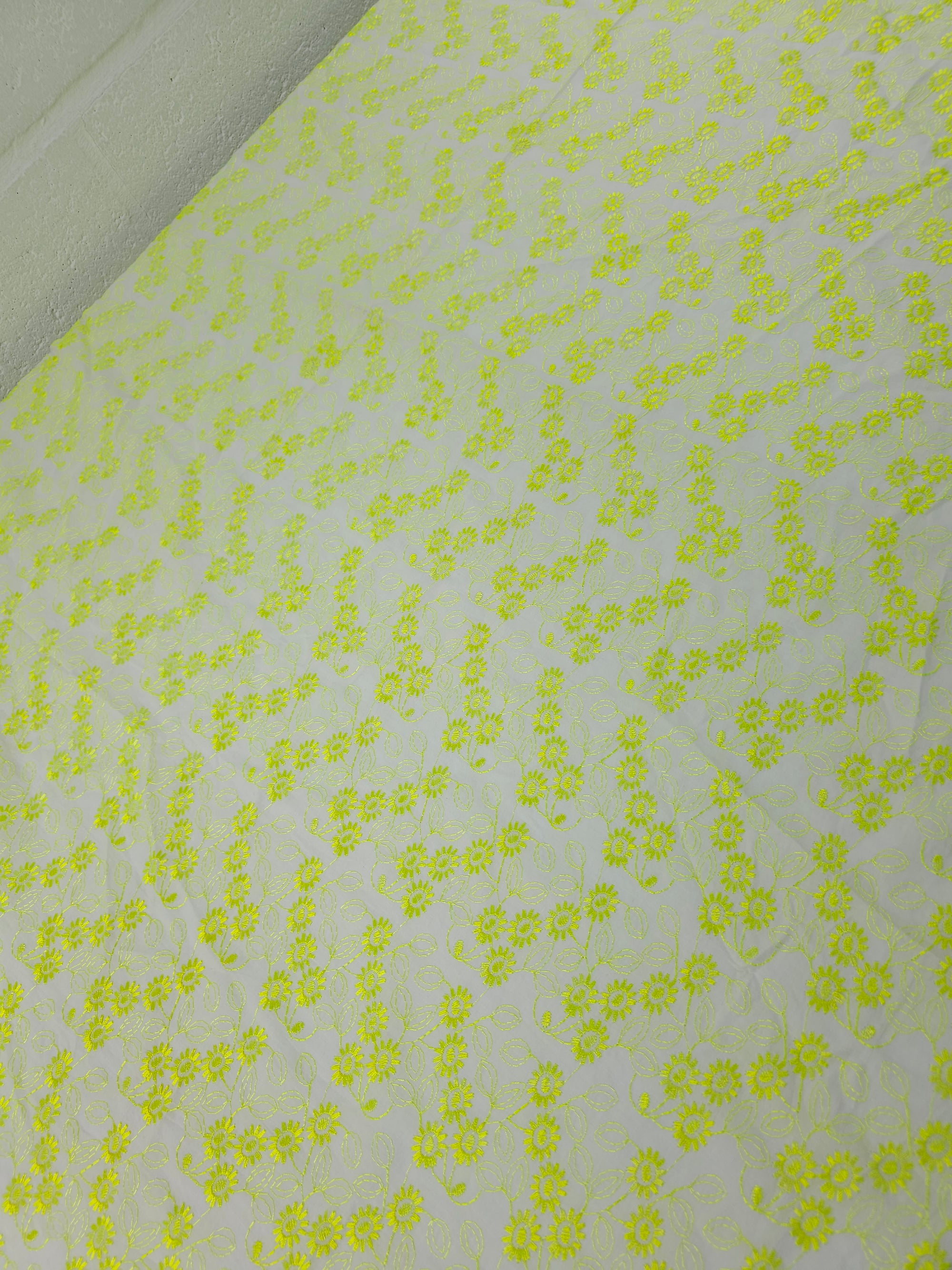 Neon Yellow Daisy Trail Fine Cotton Poplin Broderie Anglaise