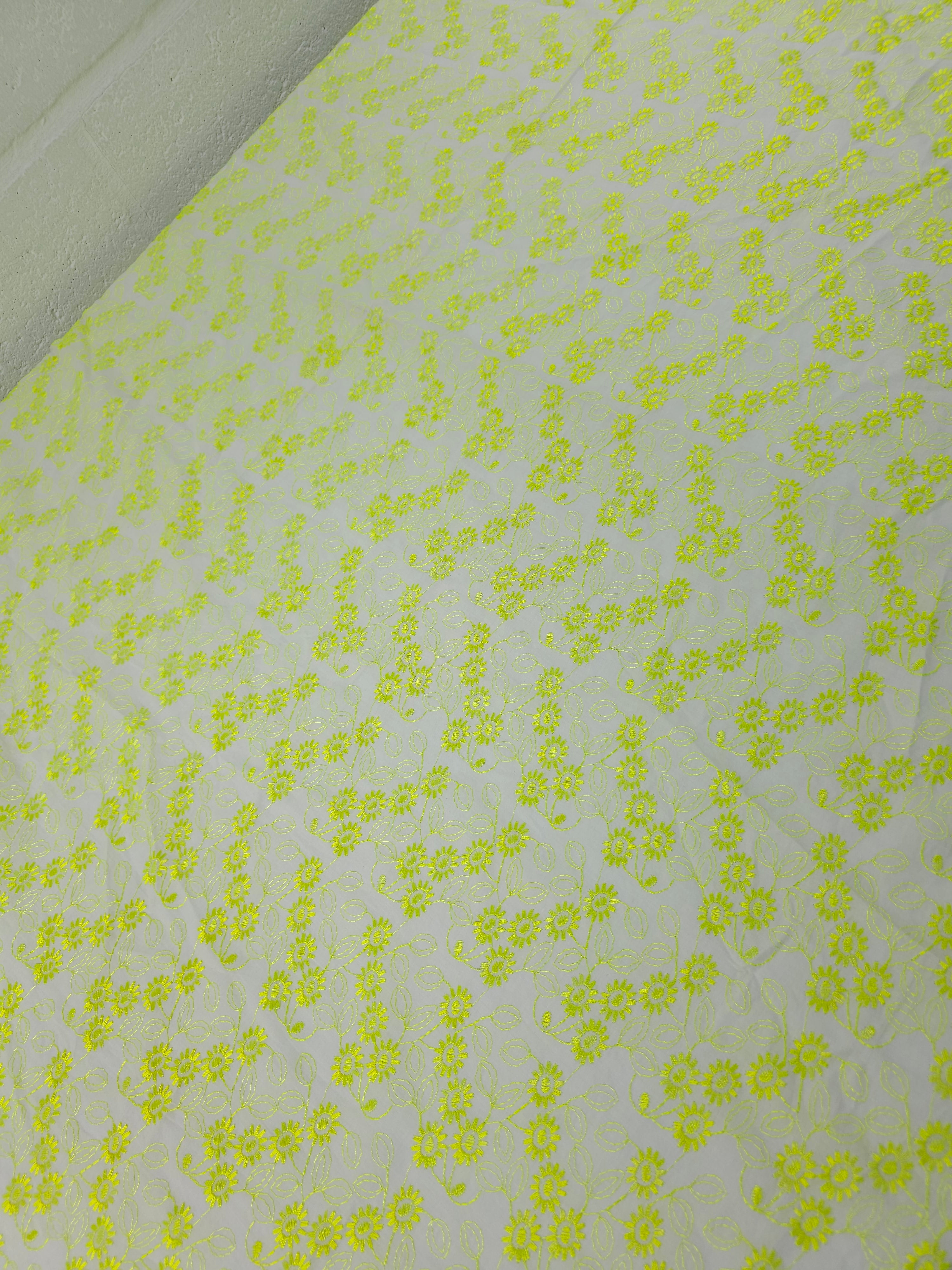 Neon Yellow Daisy Trail Fine Cotton Poplin Broderie Anglaise