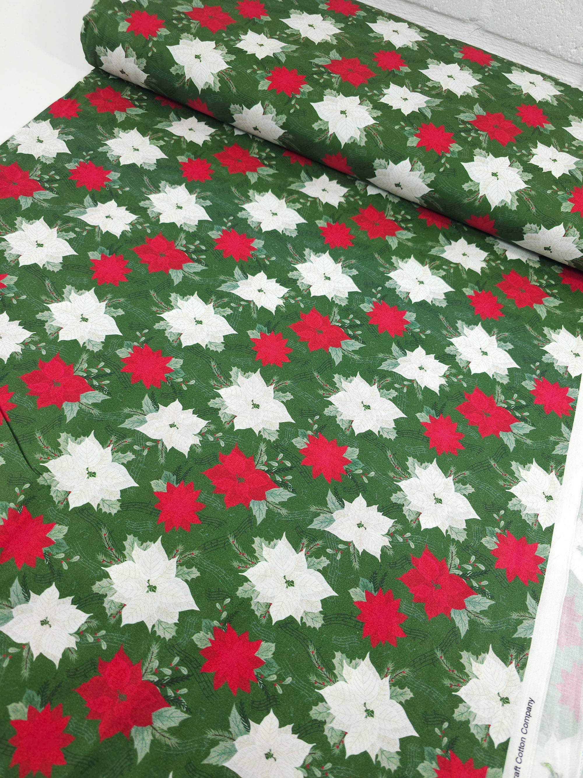 Green Musical Poinsettia Floral 100% Cotton