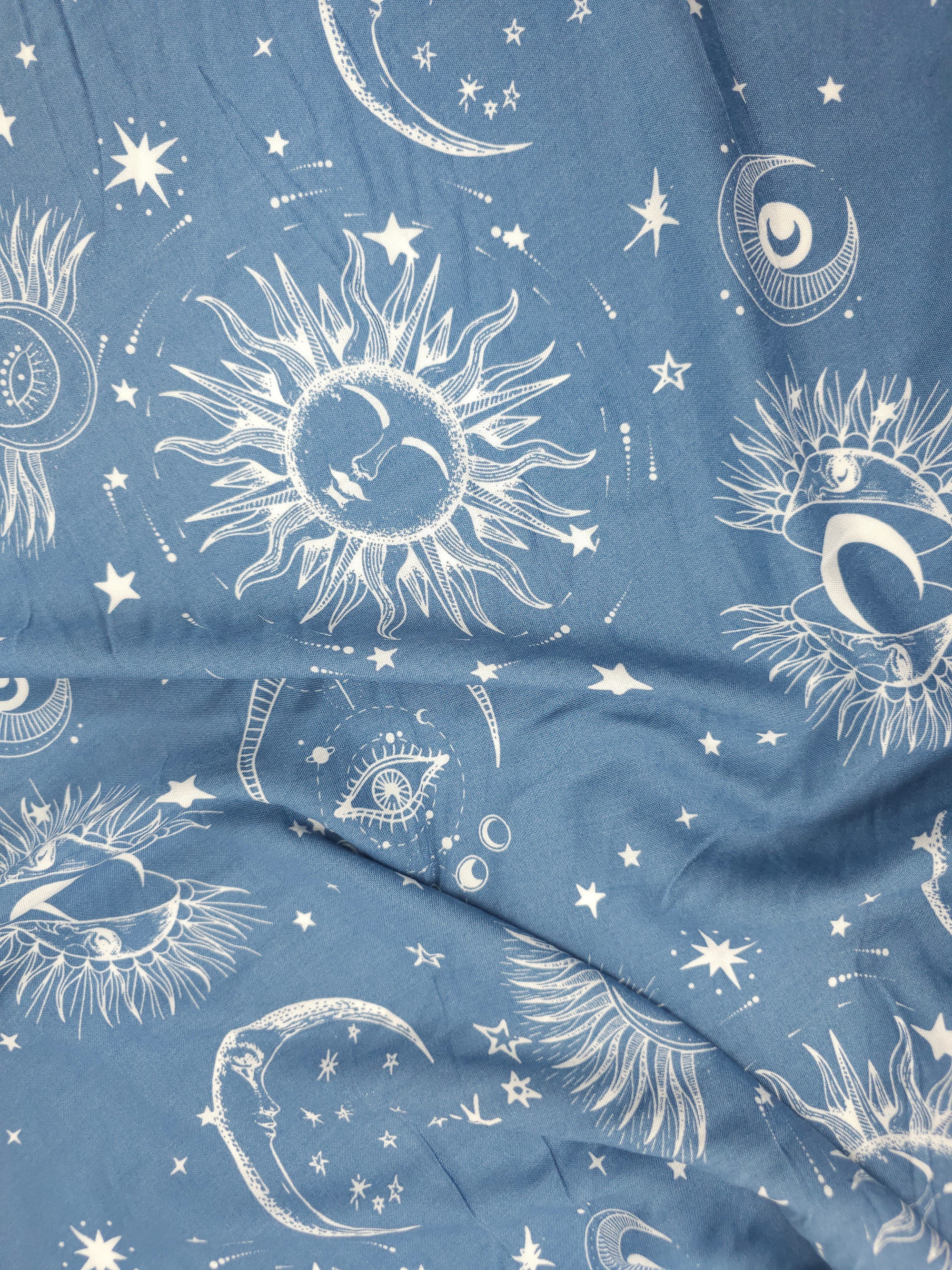 Powder Blue Celestial Moon Sun Viscose Challis