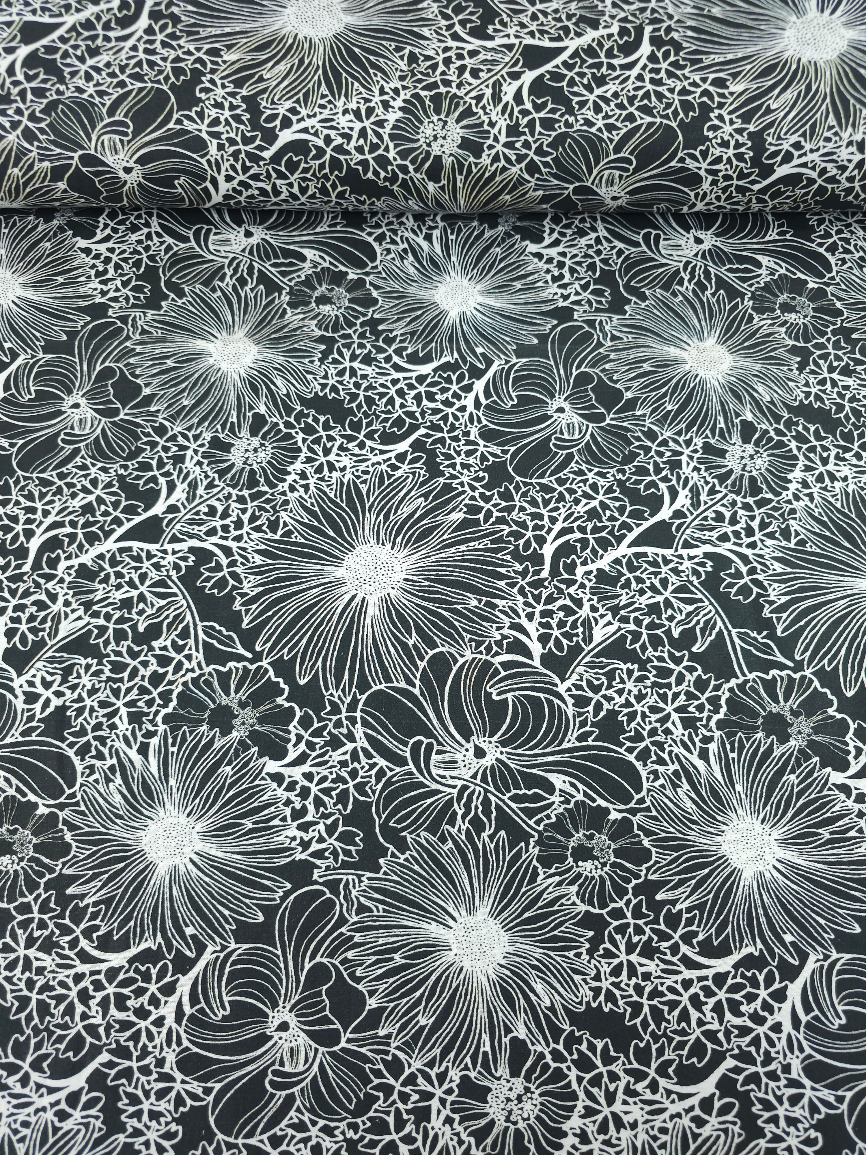 Black Wonder Floral Sketch 100% Cotton