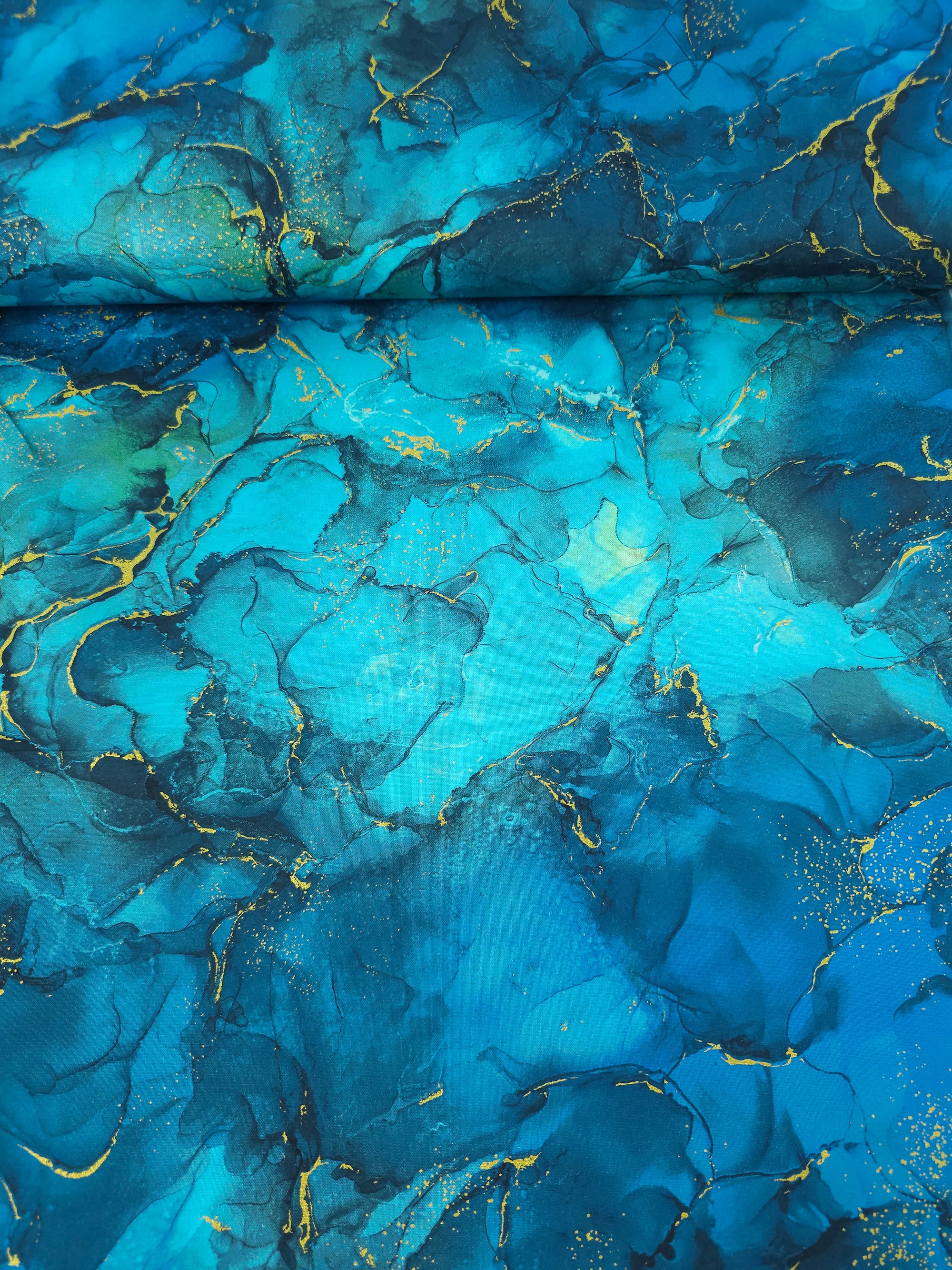 Teal Blue/Gold Marble 100% Cotton