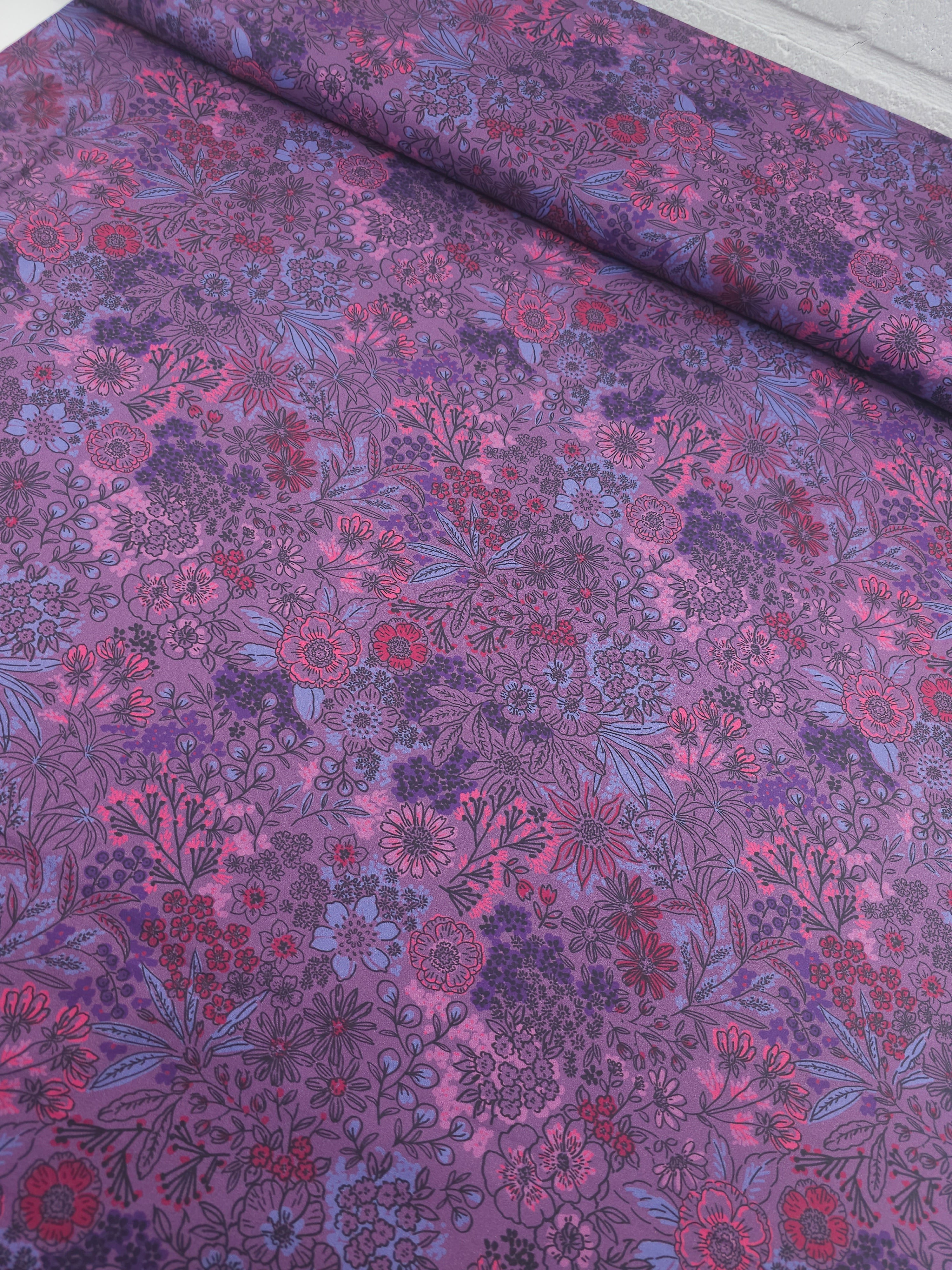 Purple Blooming Floral Meadow 100% Cotton 60"