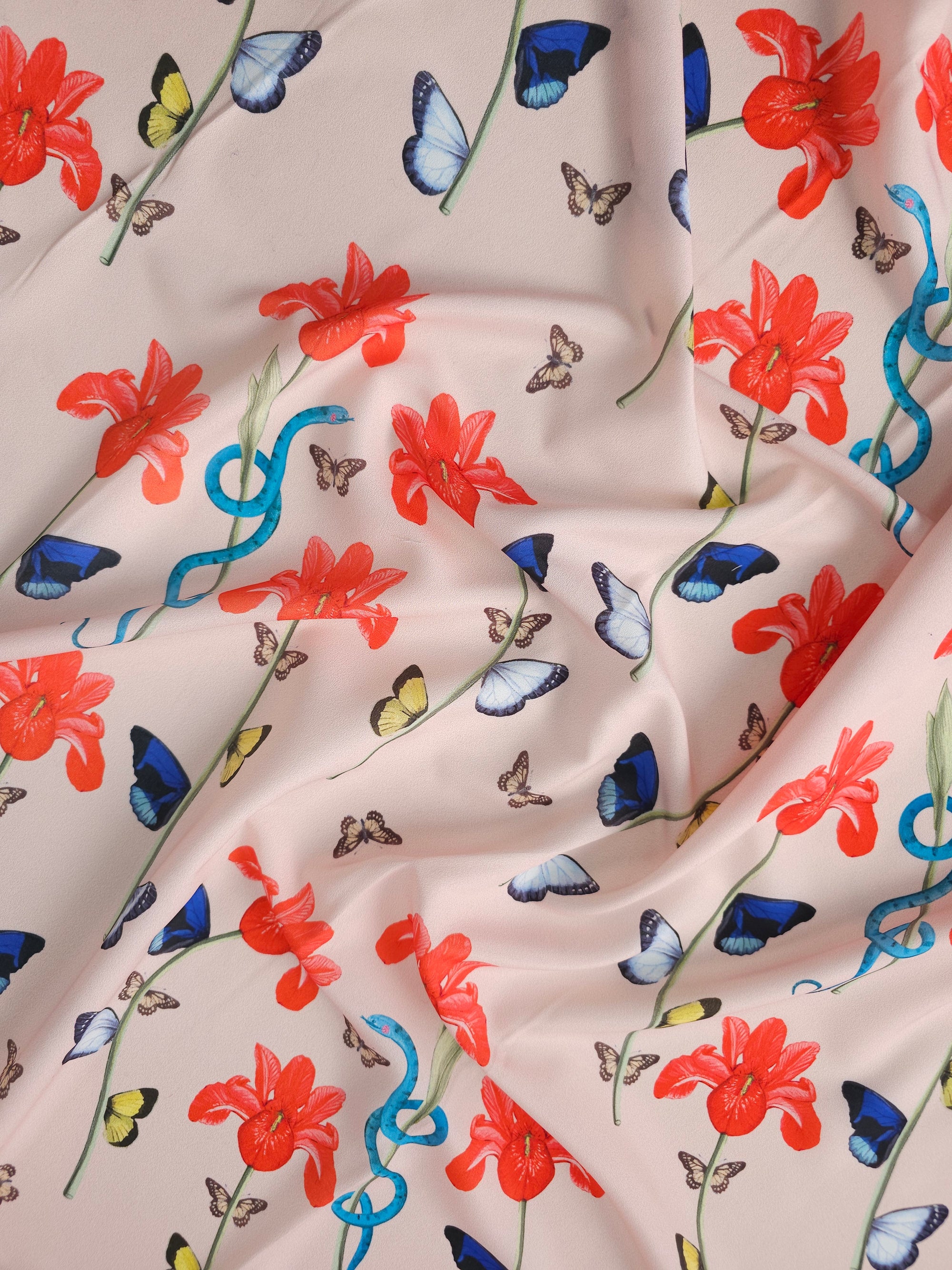 Light Blush Butterfly Floral Poly Crepe