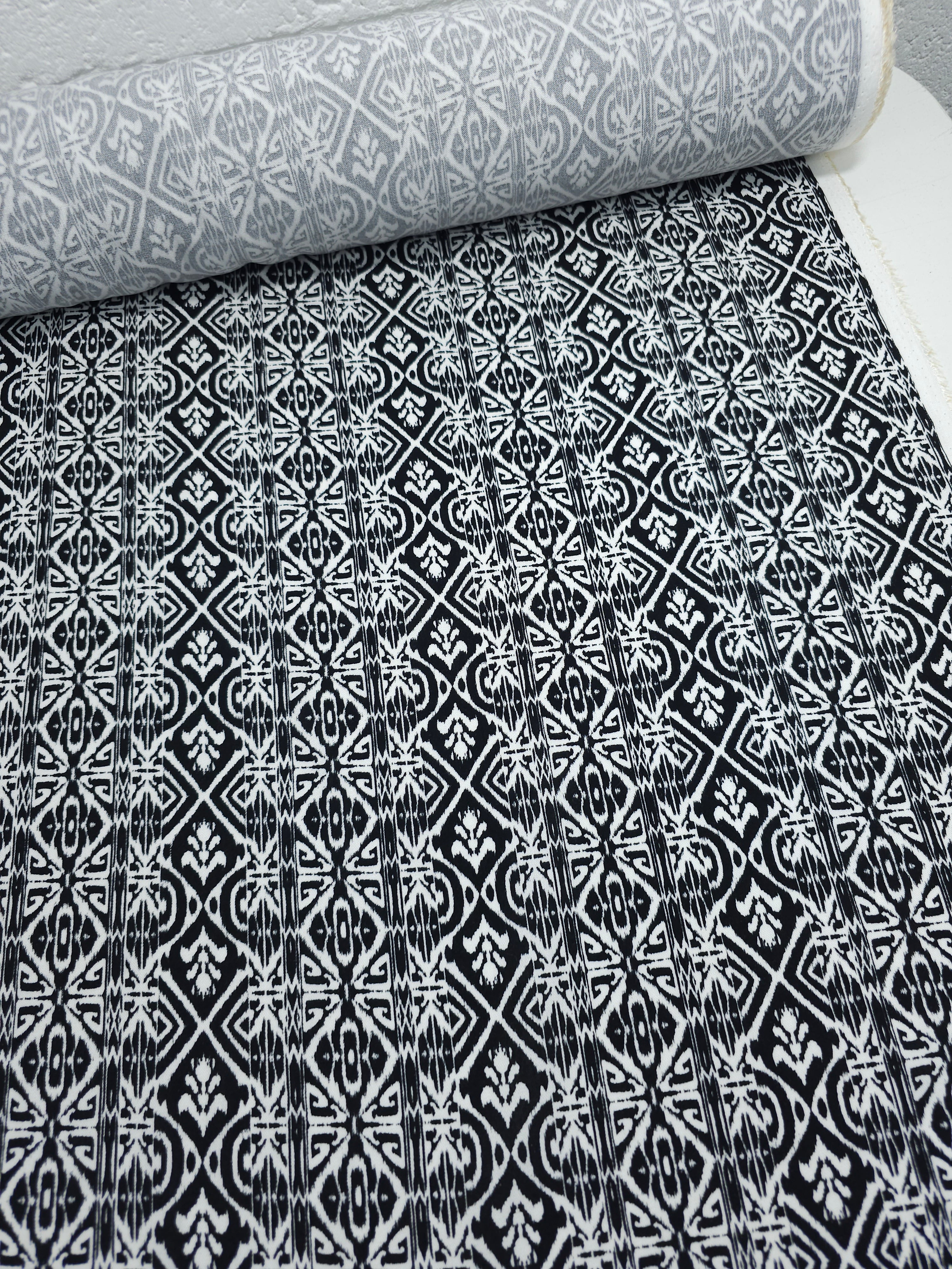 Black/White Static Damask Stripe Viscose Challis