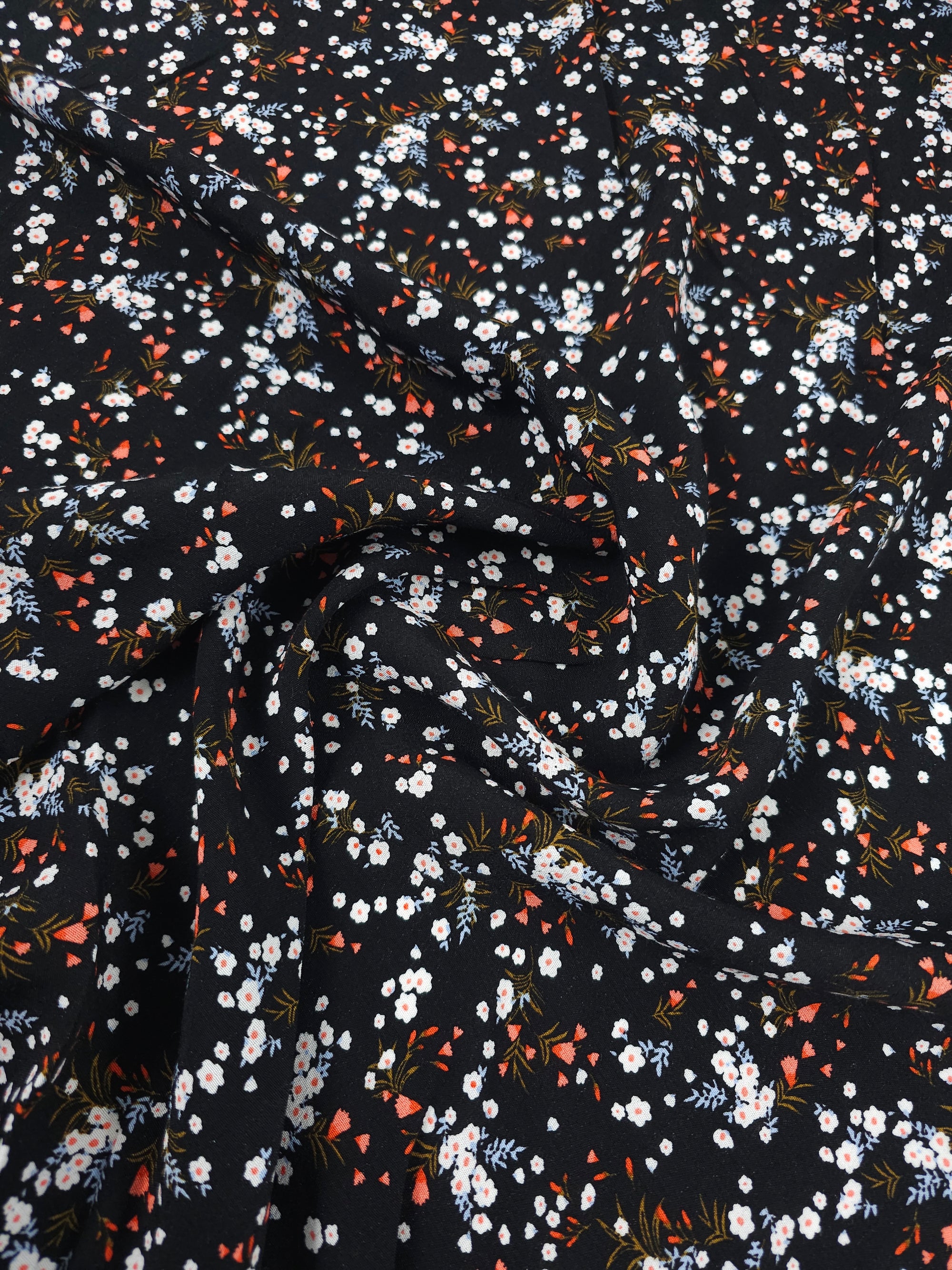 Black Ditsy Blossom Viscose Crepe
