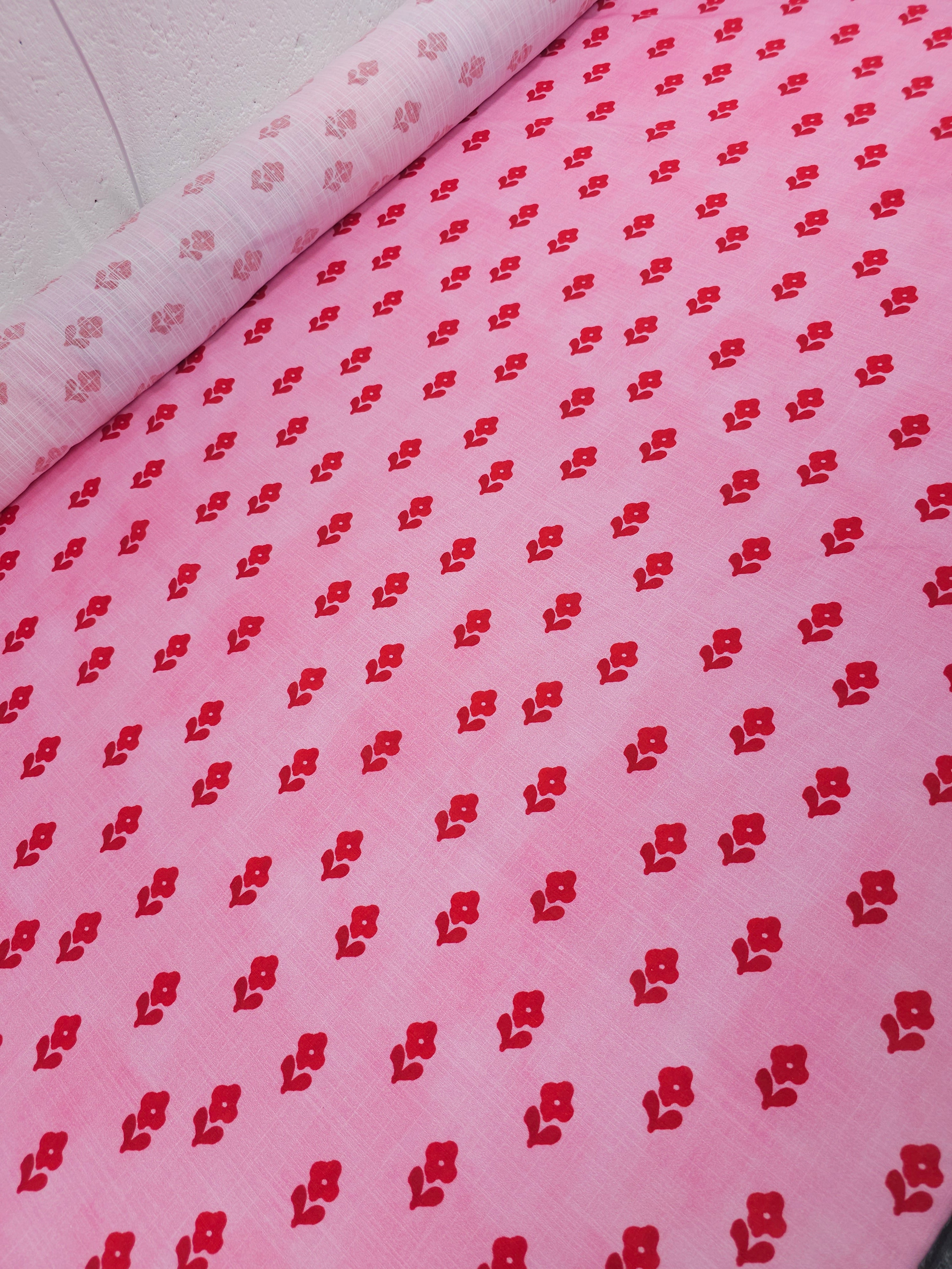 Pink/Red Washed Ditsy Floral Linen Look Cotton