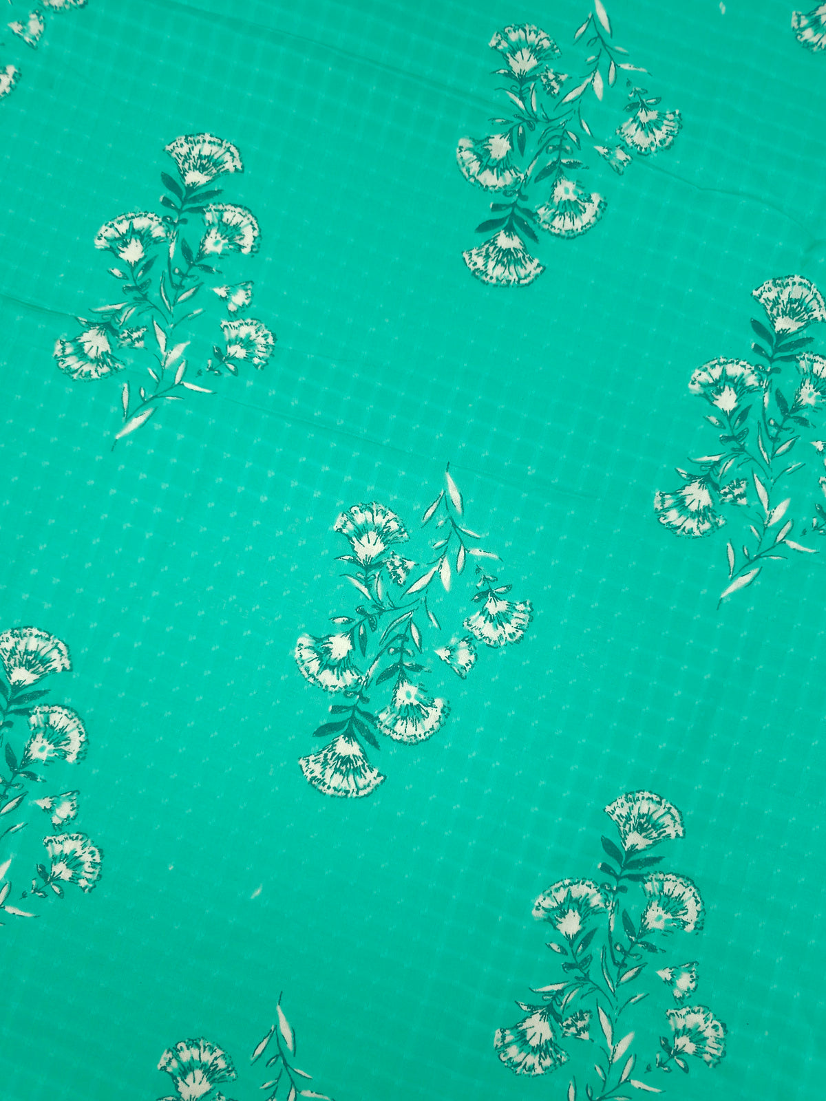 Aqua Green Floral Stem Grid Cambric Cotton