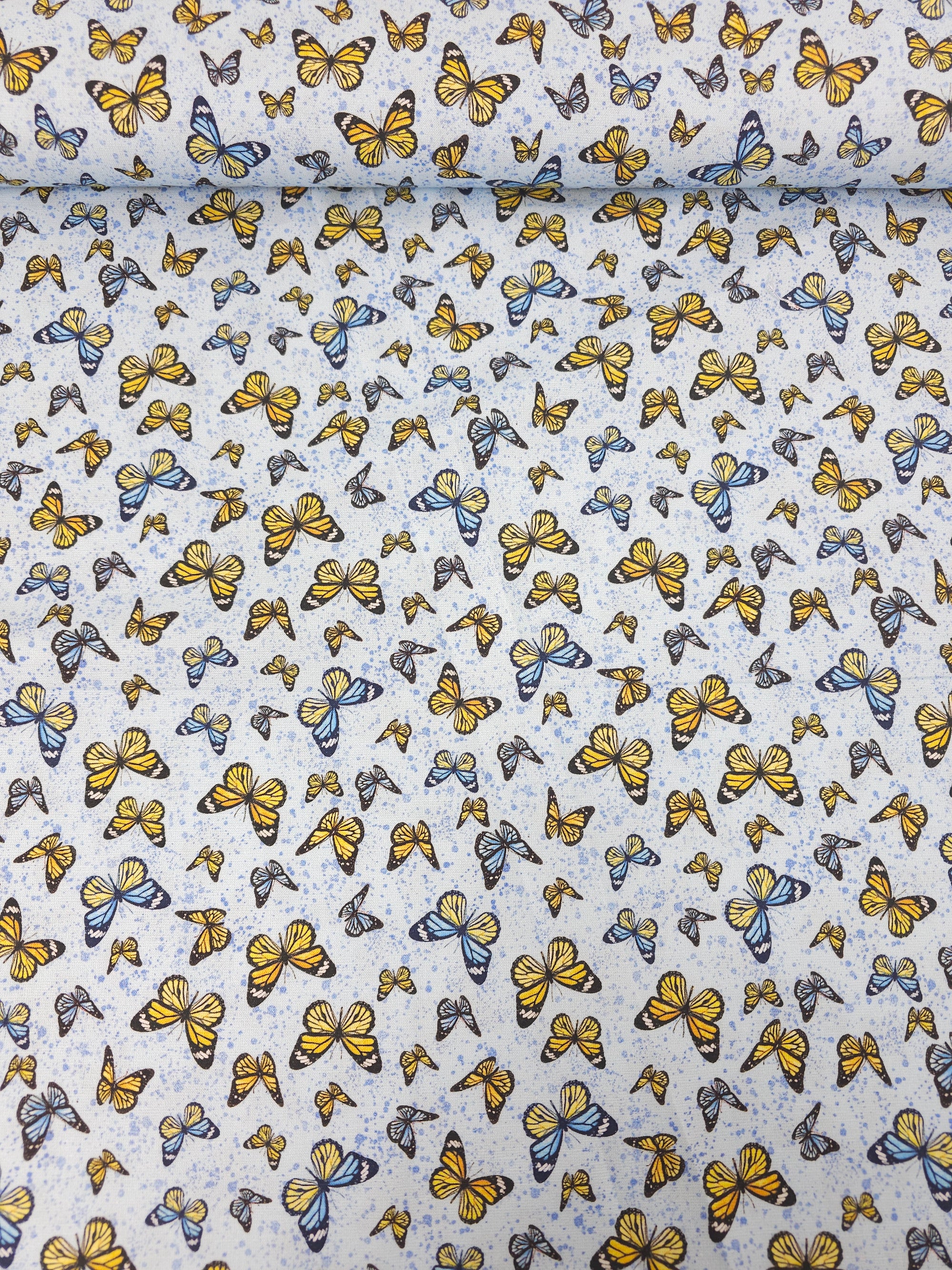 Blue/Yellow Retro Butterflies 100% Cotton
