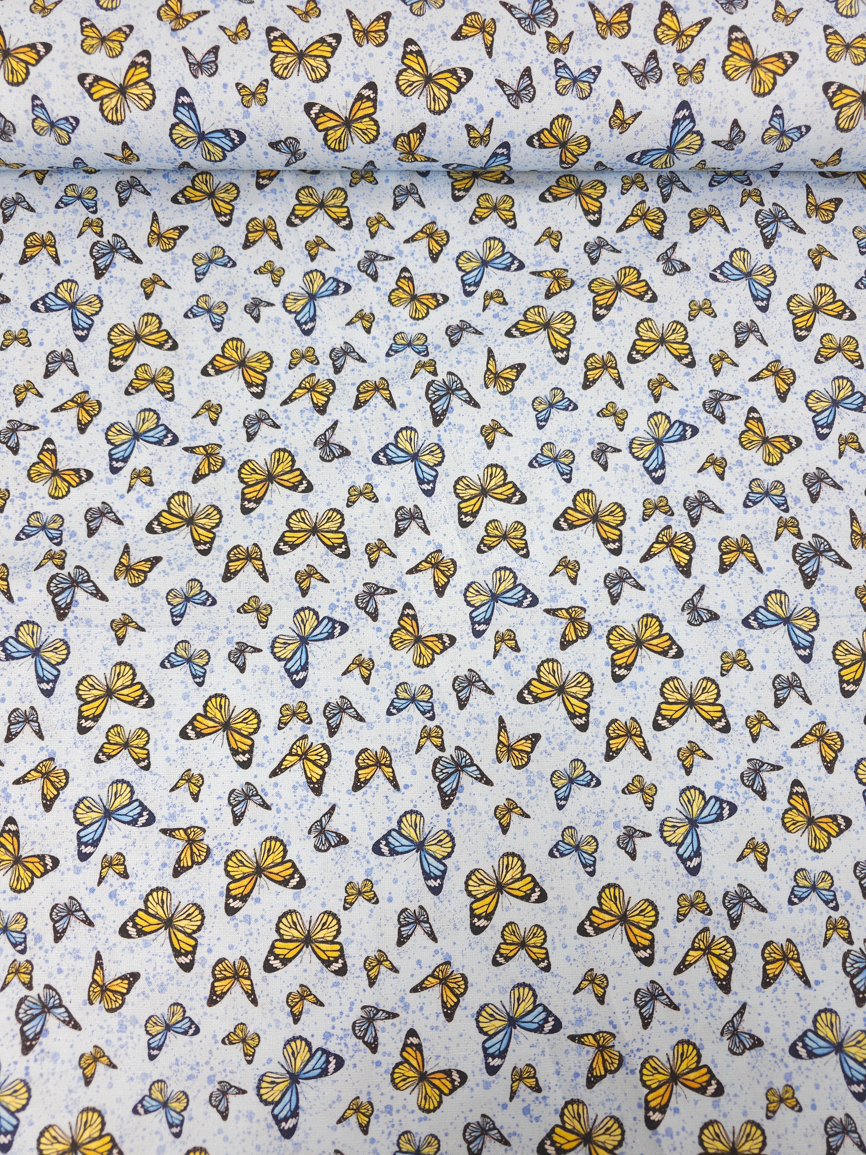 Blue/Yellow Retro Butterflies 100% Cotton