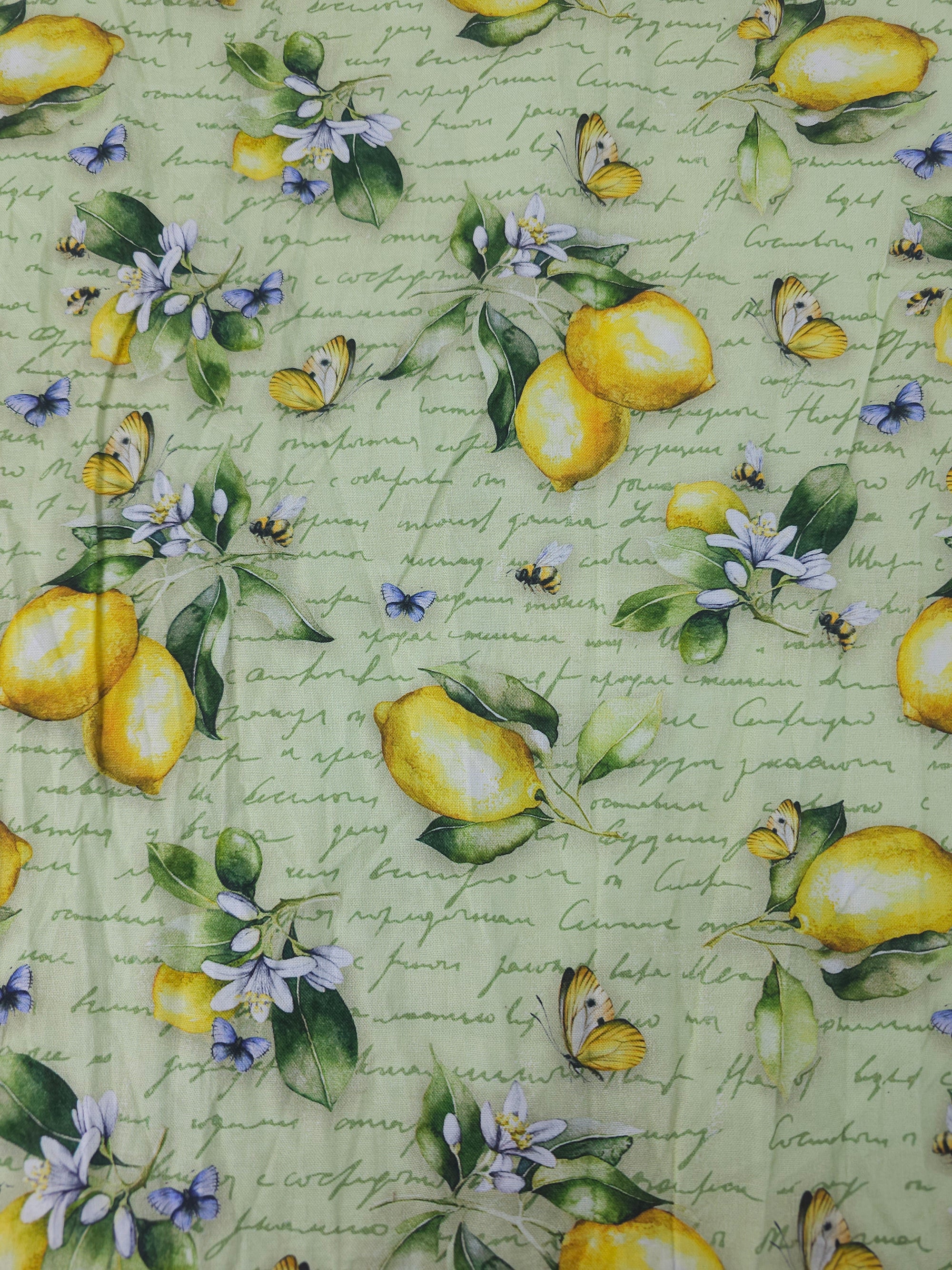 Retro Lemon Floral Script 100% Cotton