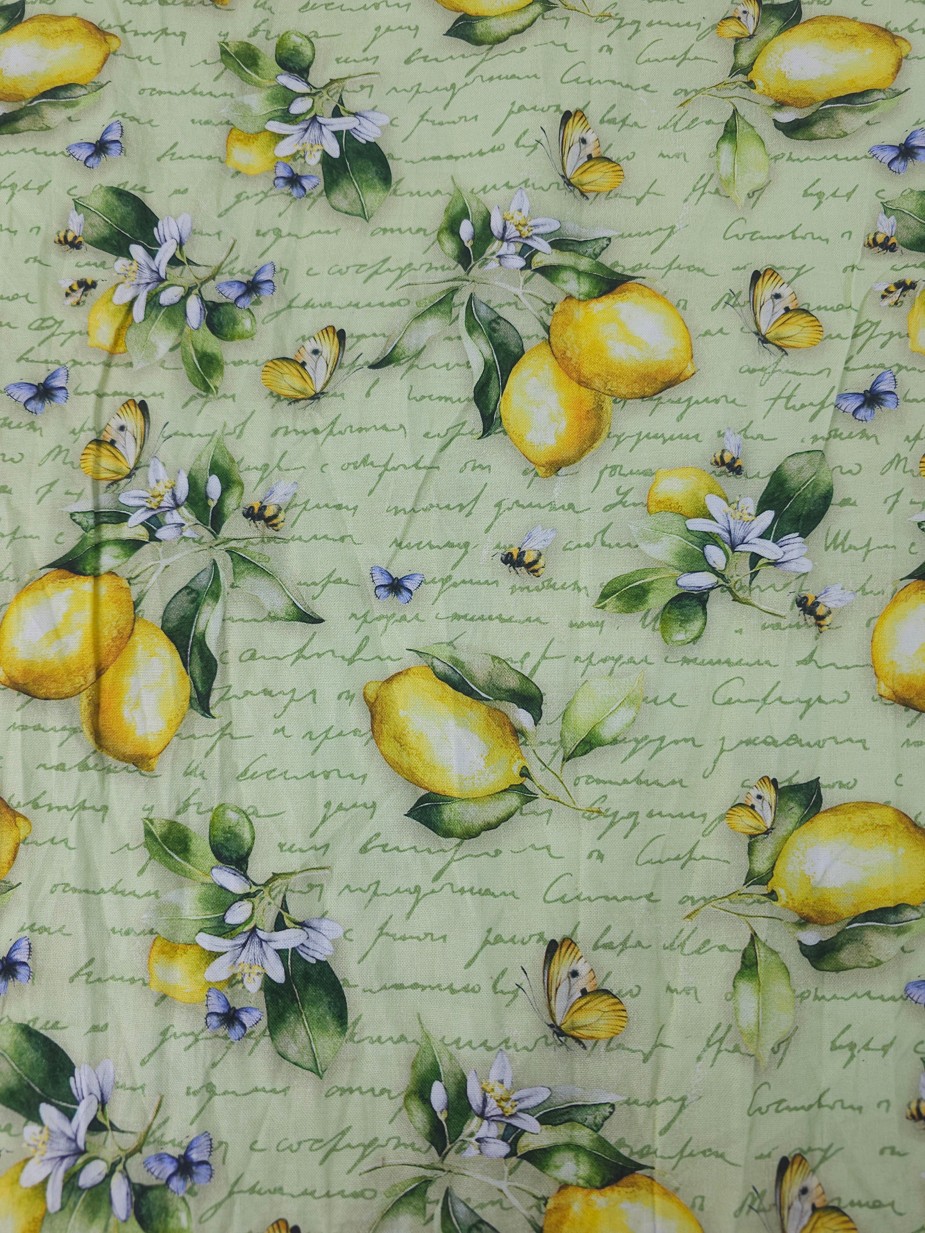 Retro Lemon Floral Script 100% Cotton