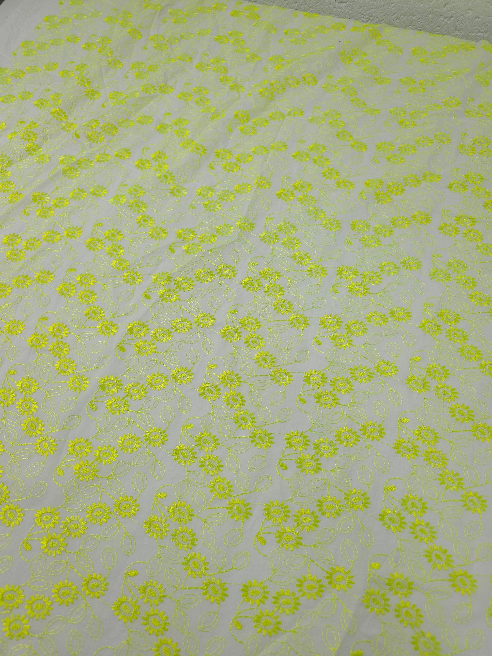 Neon Yellow Daisy Trail Fine Cotton Poplin Broderie Anglaise
