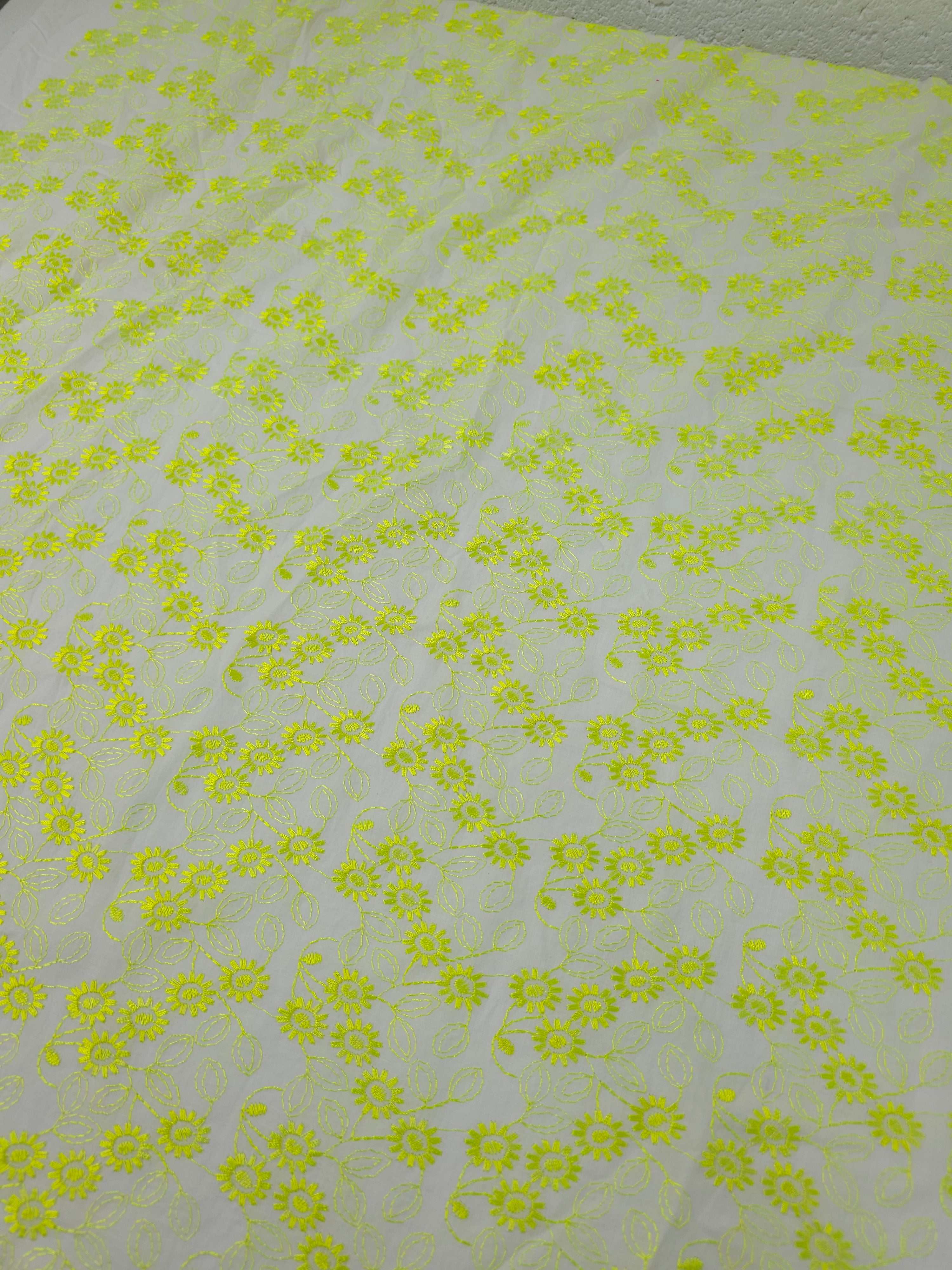 Neon Yellow Daisy Trail Fine Cotton Poplin Broderie Anglaise