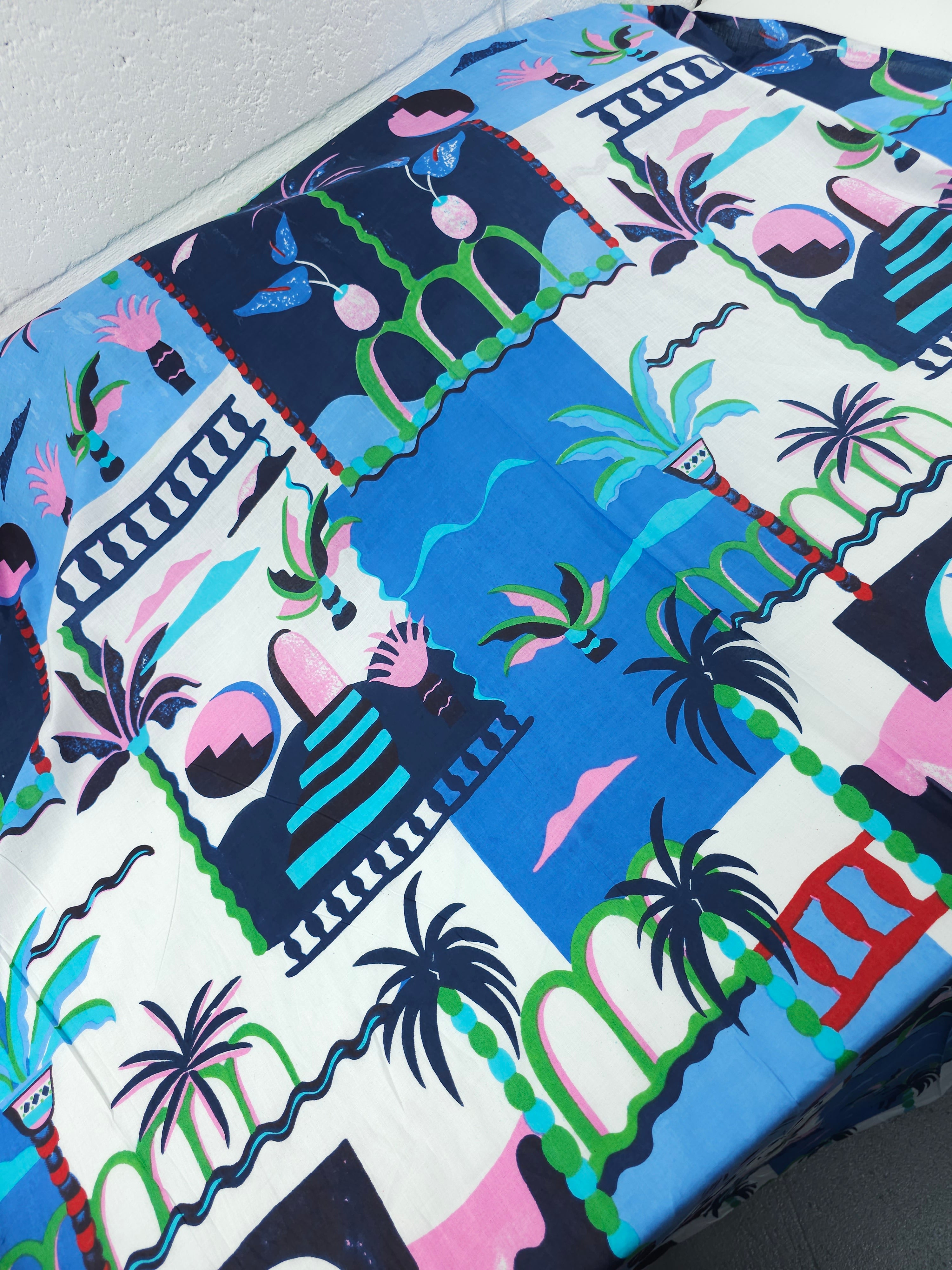 Blue/Pink Palm Tree Scenery Cambric Cotton