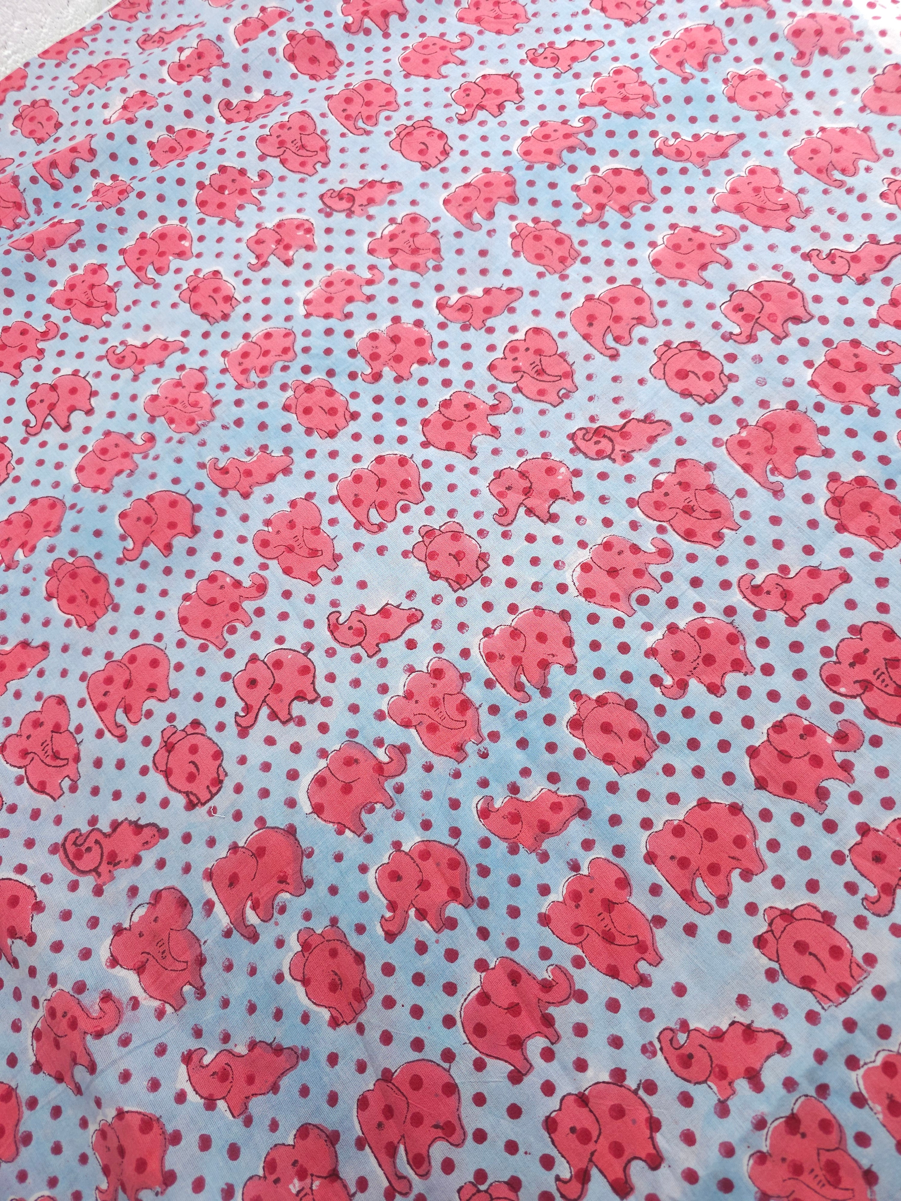 Guava Pink/Blue Polka Baby Elephant Block Print Cotton