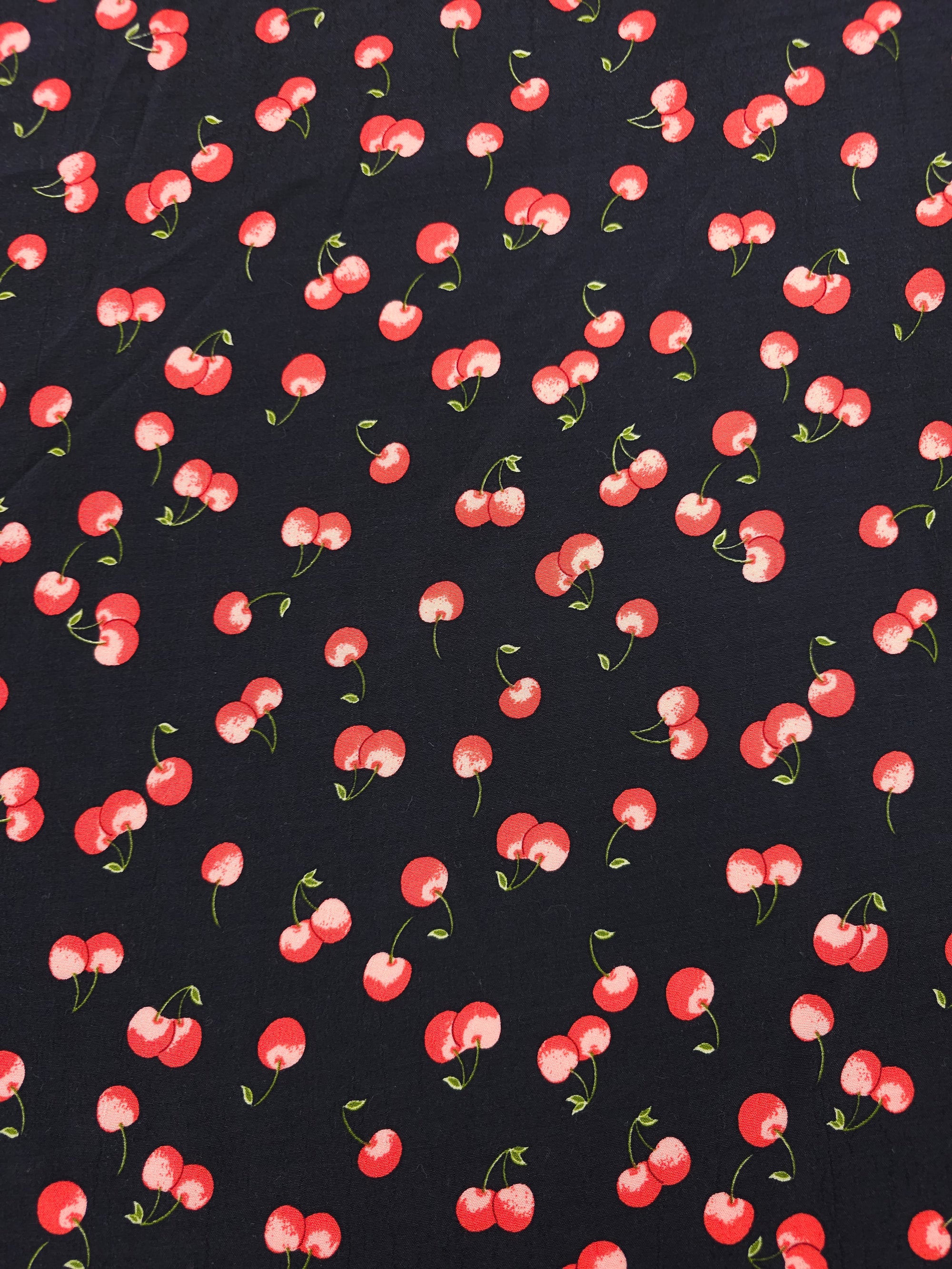 Red/Black Floating Cherry Mania Viscose Crepe