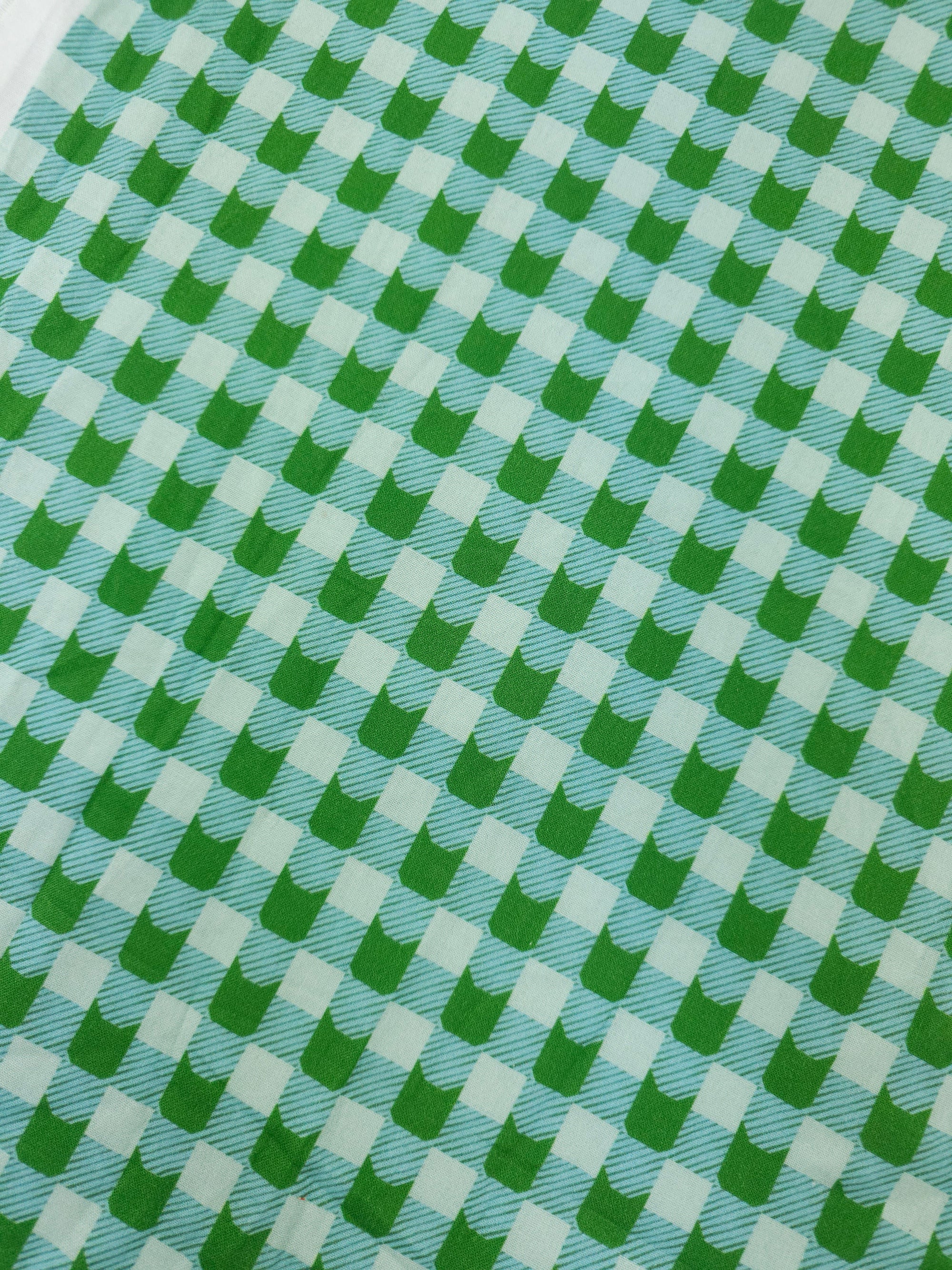 Green/Blue Cat Outline Gingham 100% Cotton