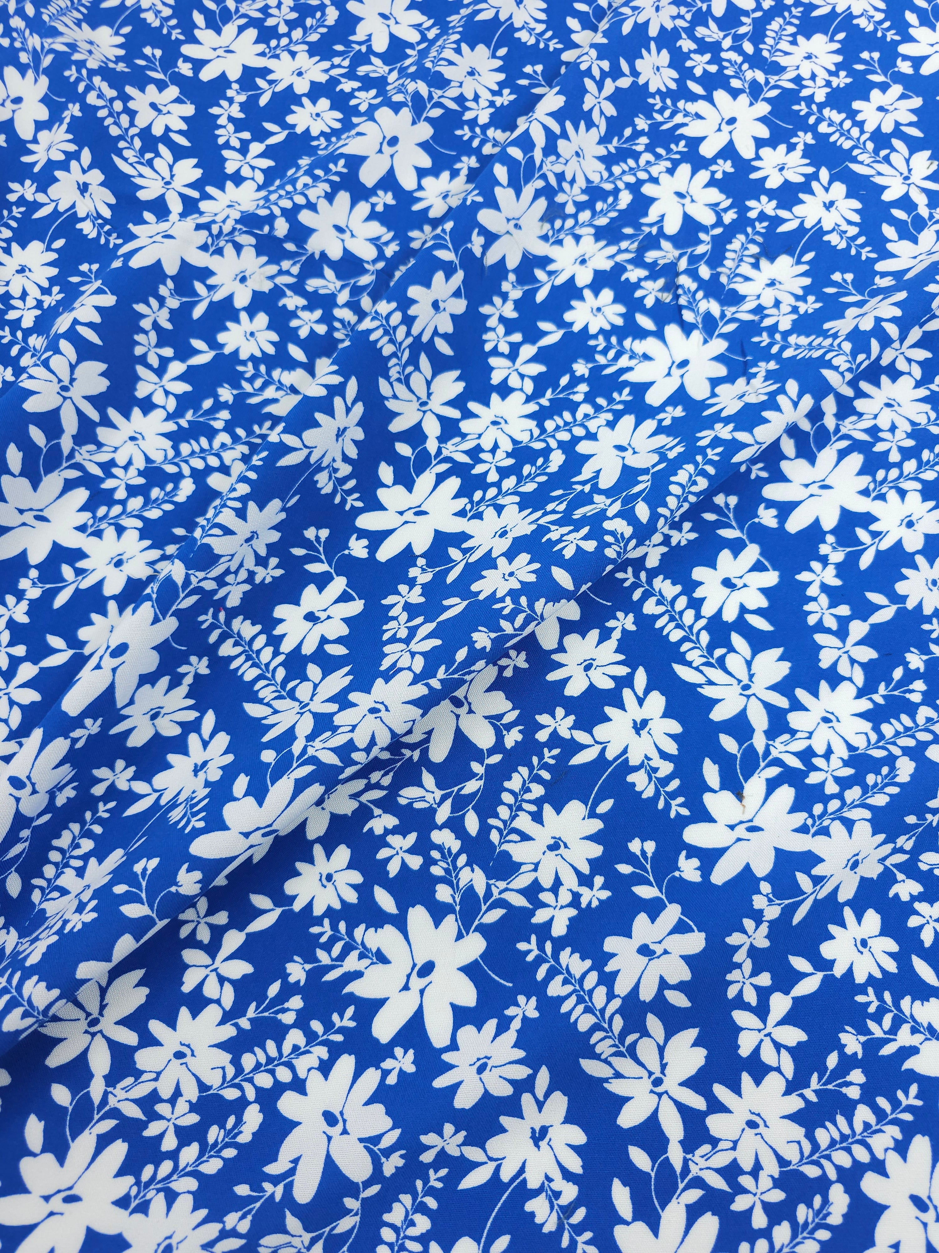 Blue/White Harvest Floral Viscose Challis