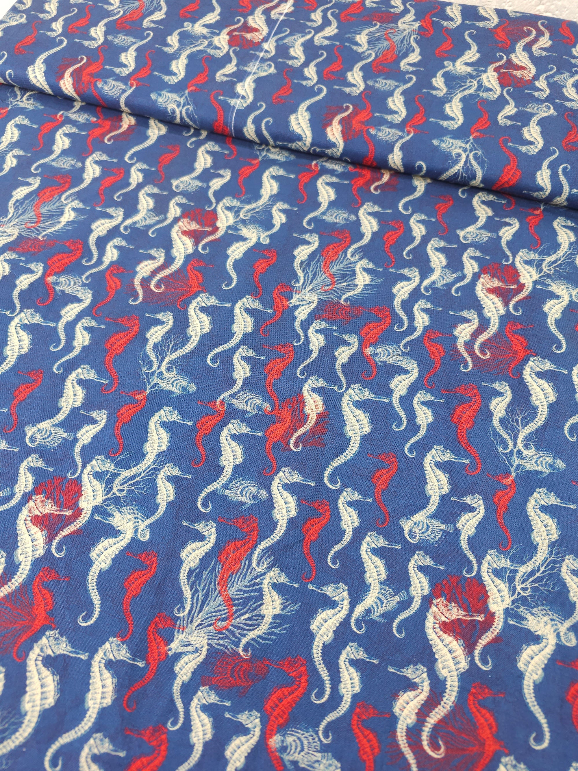 Blue/Red Retro Seahorse 100% Cotton