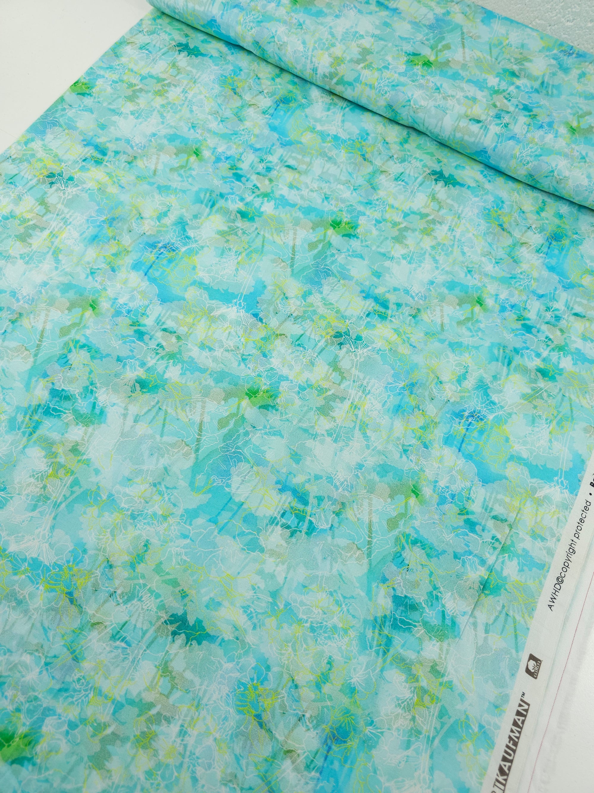 Light Blue/Lime Sketch Floral 100% Cotton - Robert Kaufman