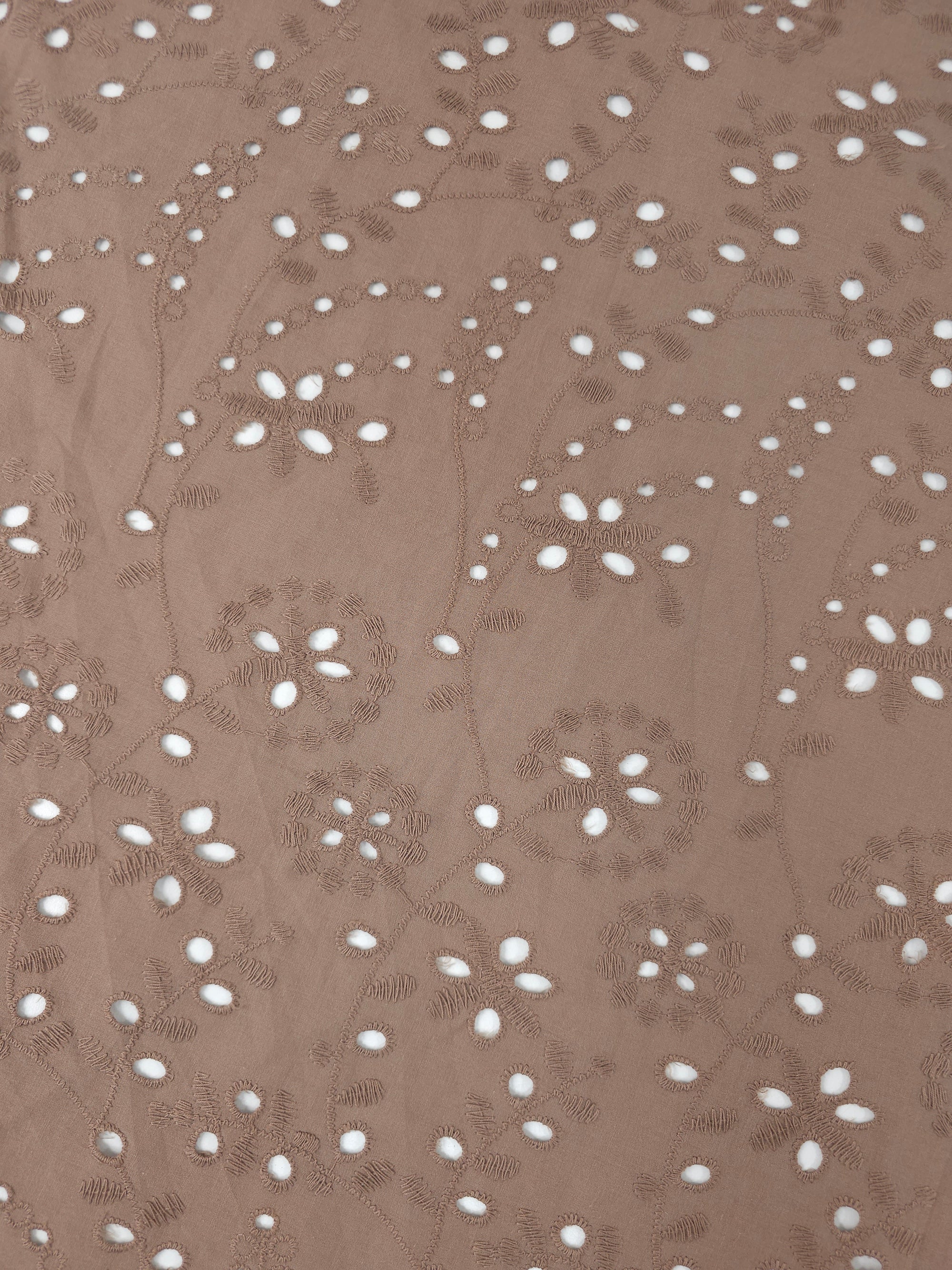 Pale Brown Puff Floral Vine Cambric Cotton Broderie Anglaise