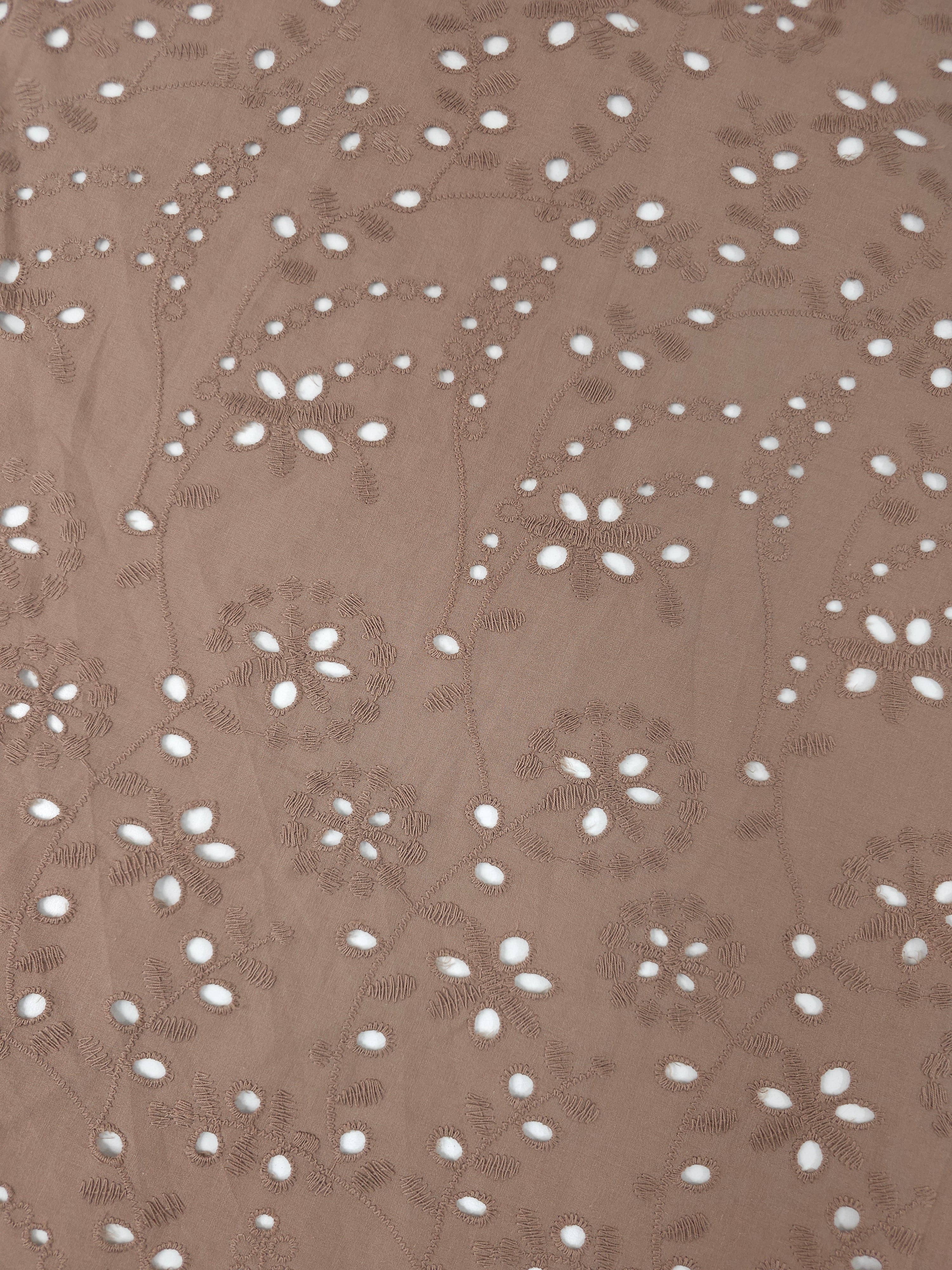 Pale Brown Puff Floral Vine Cambric Cotton Broderie Anglaise