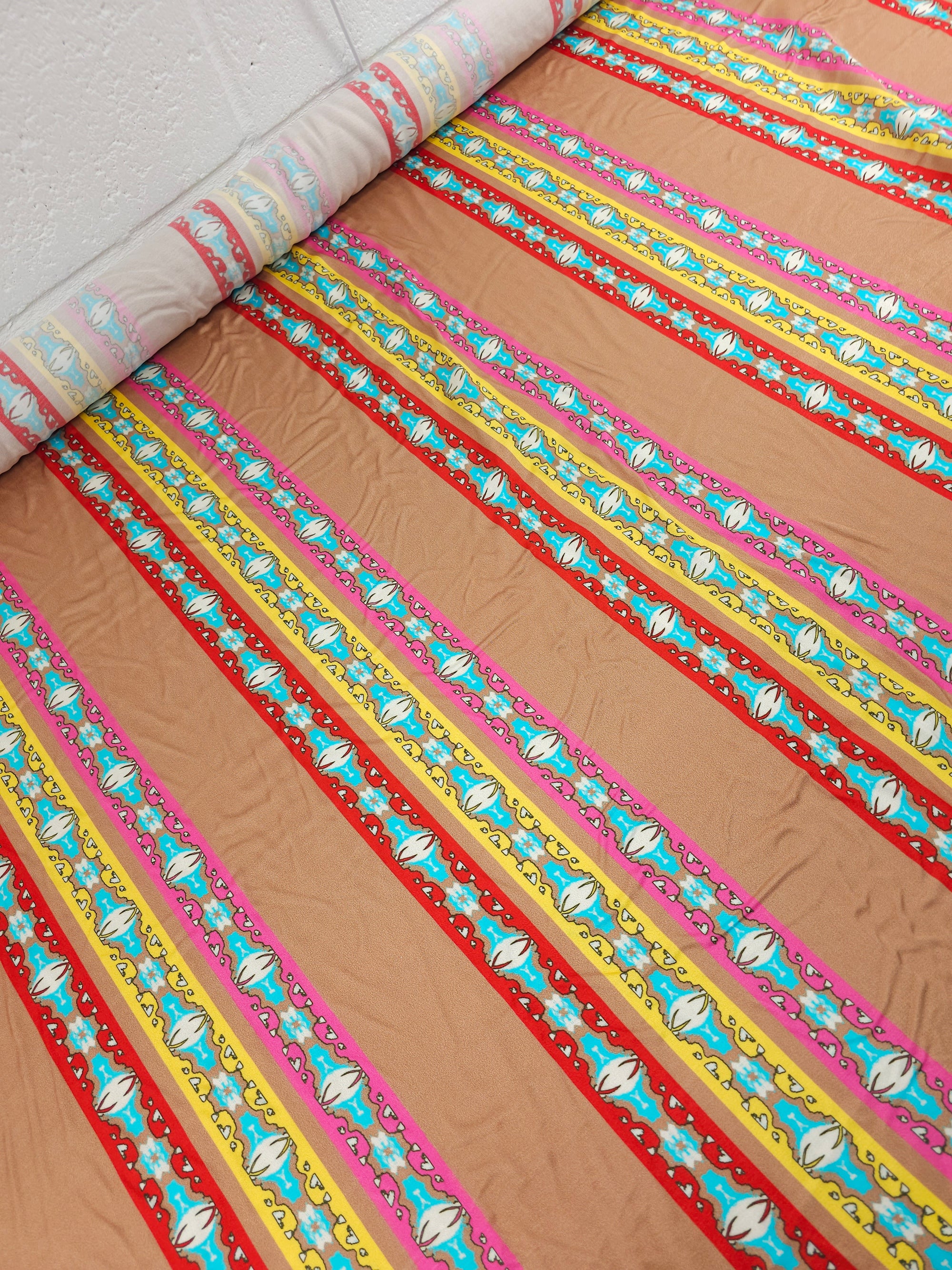 Terracotta Multi Abstract Stripe Viscose Satin
