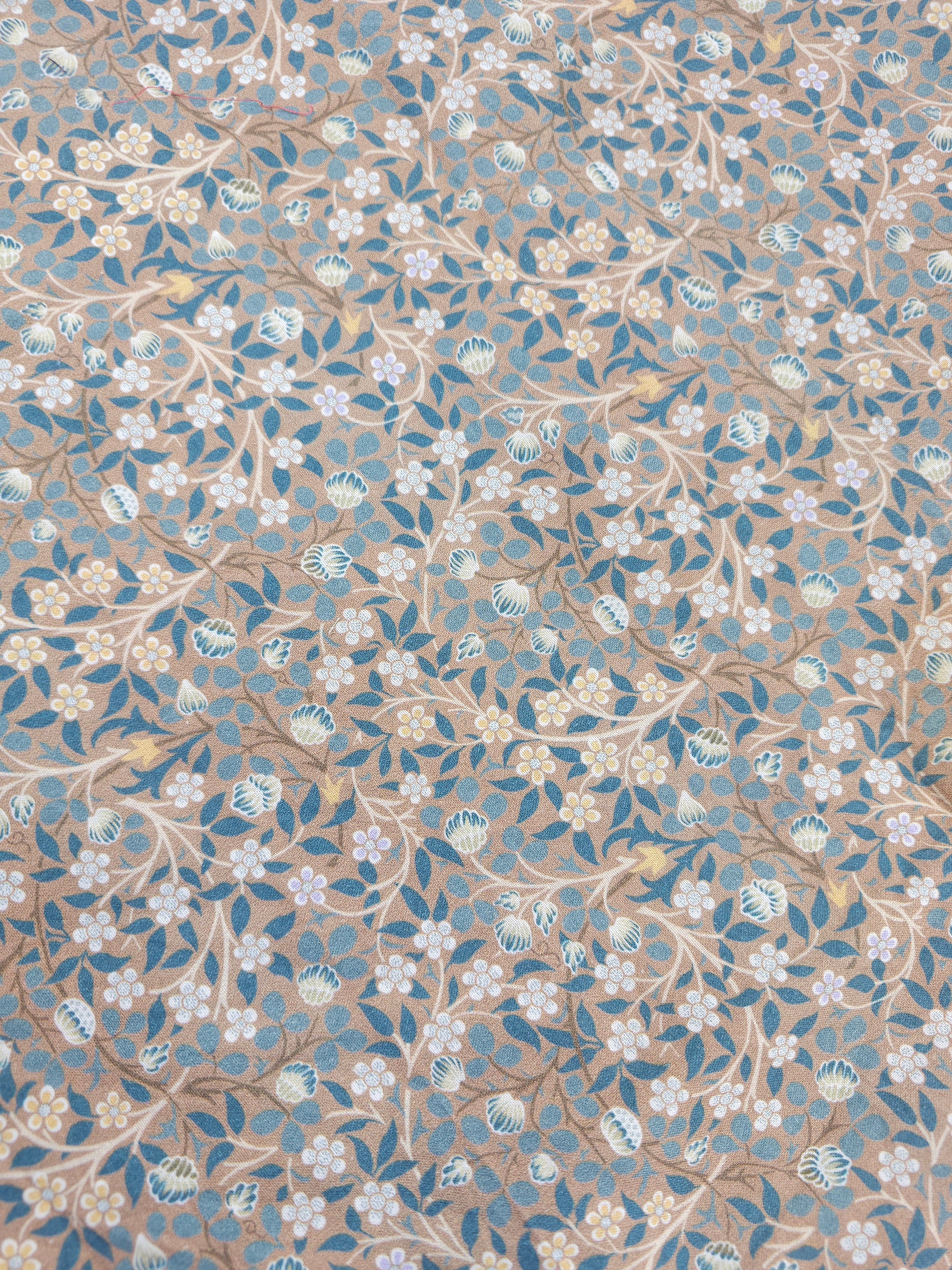 Beige blue traditional floral vine Cotton- 2.4m piece