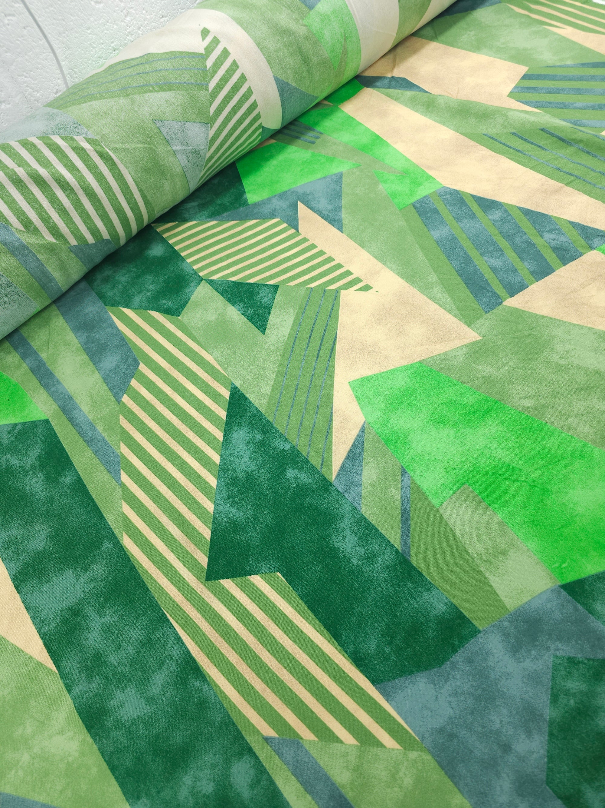 Green/Beige Geometric Shapes Viscose Challis