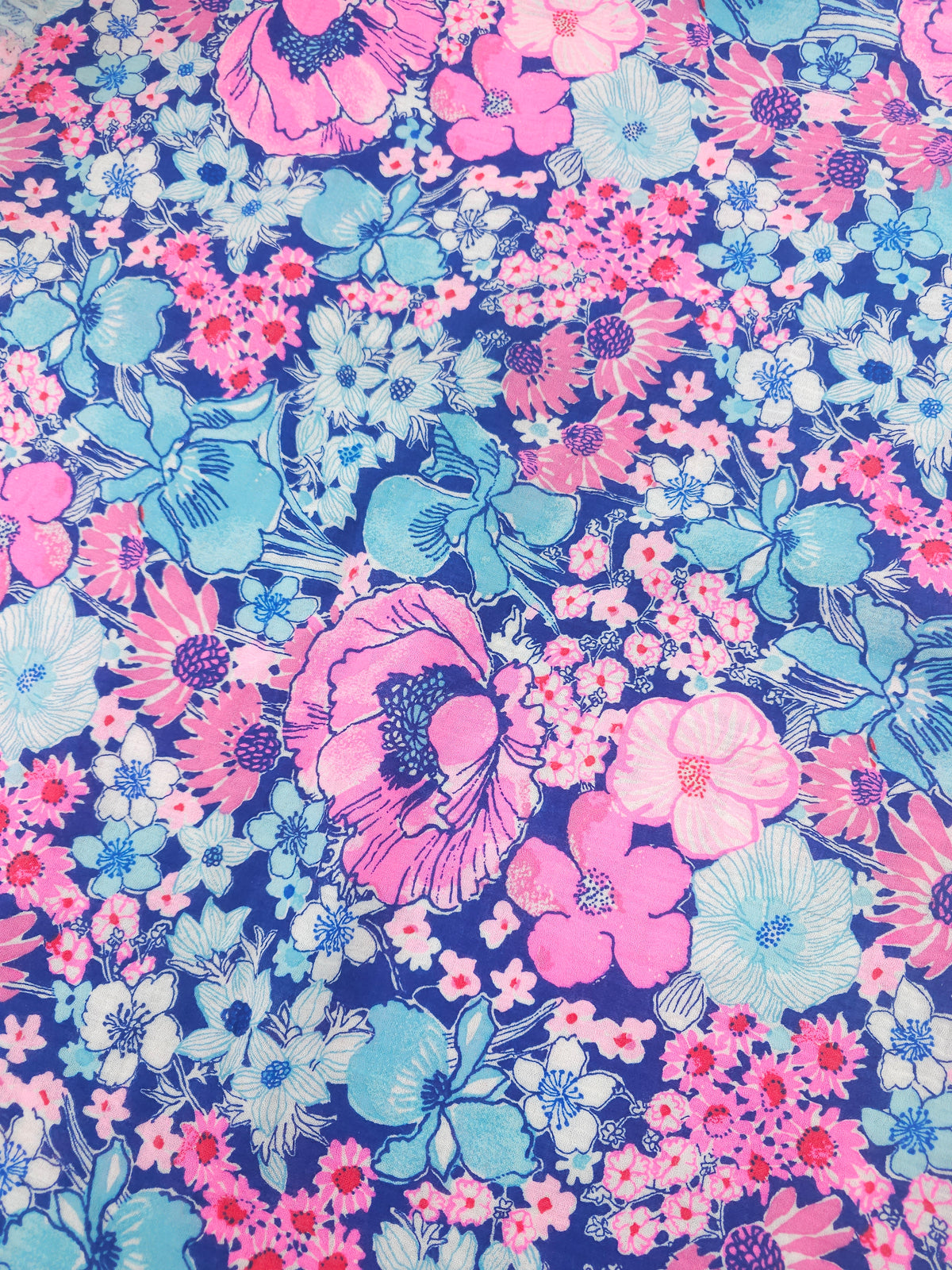 Blue pink floral Cotton gauze- 1m piece