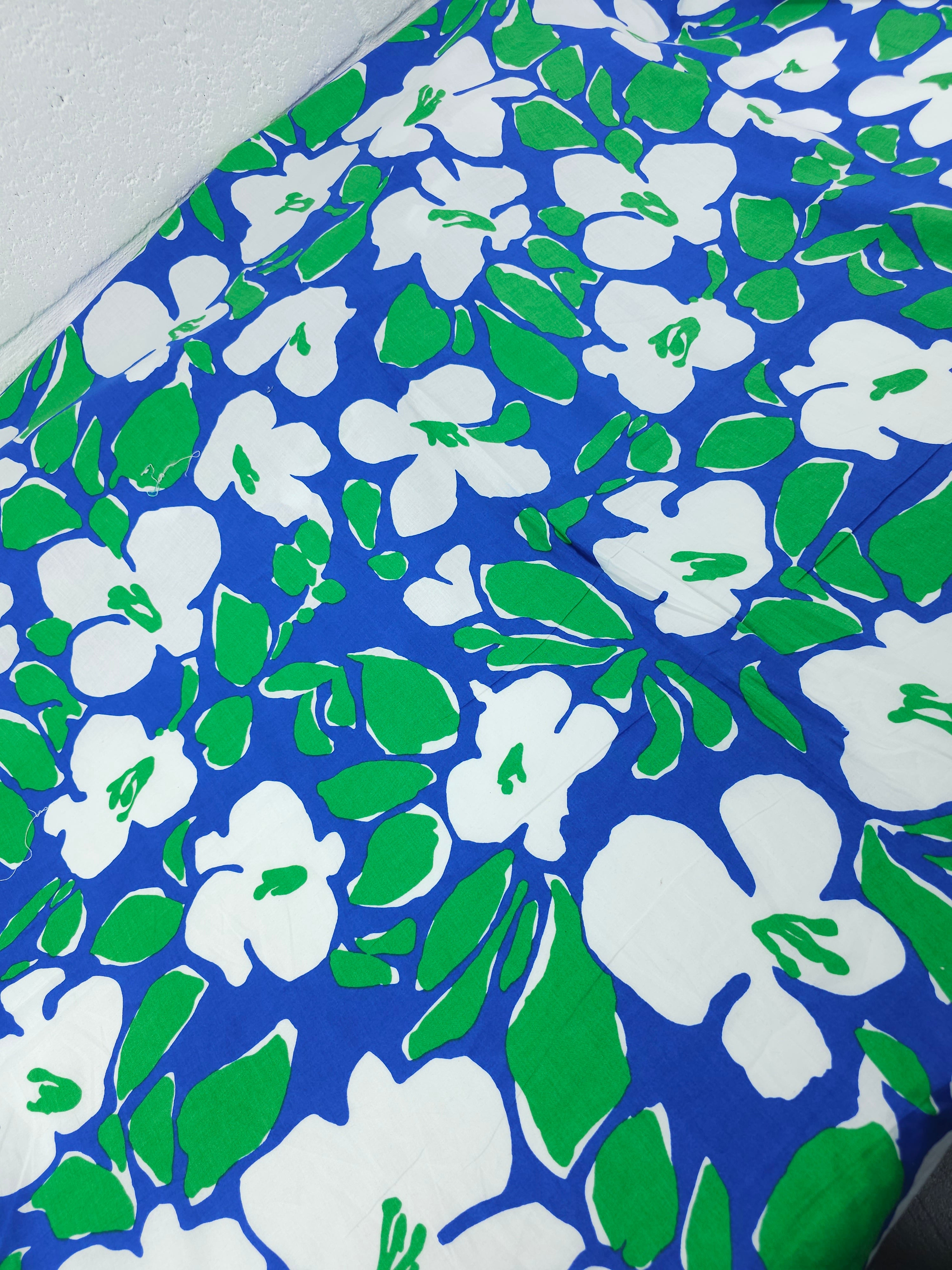 Blue/Green Watercolour Flower Leaf Lightweight Cotton Poplin