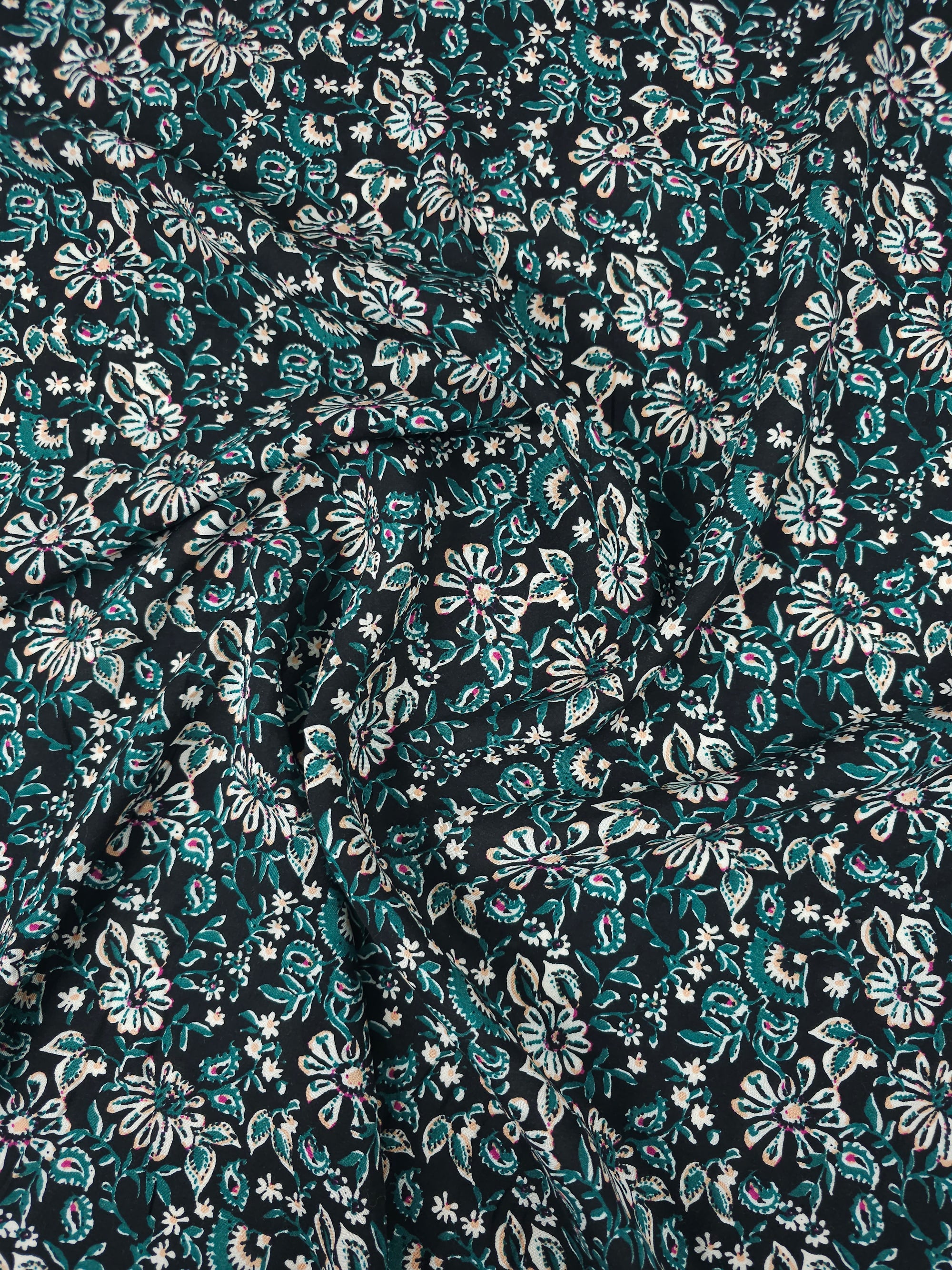 Peach/Dark Green Floral Paisley Viscose Challis