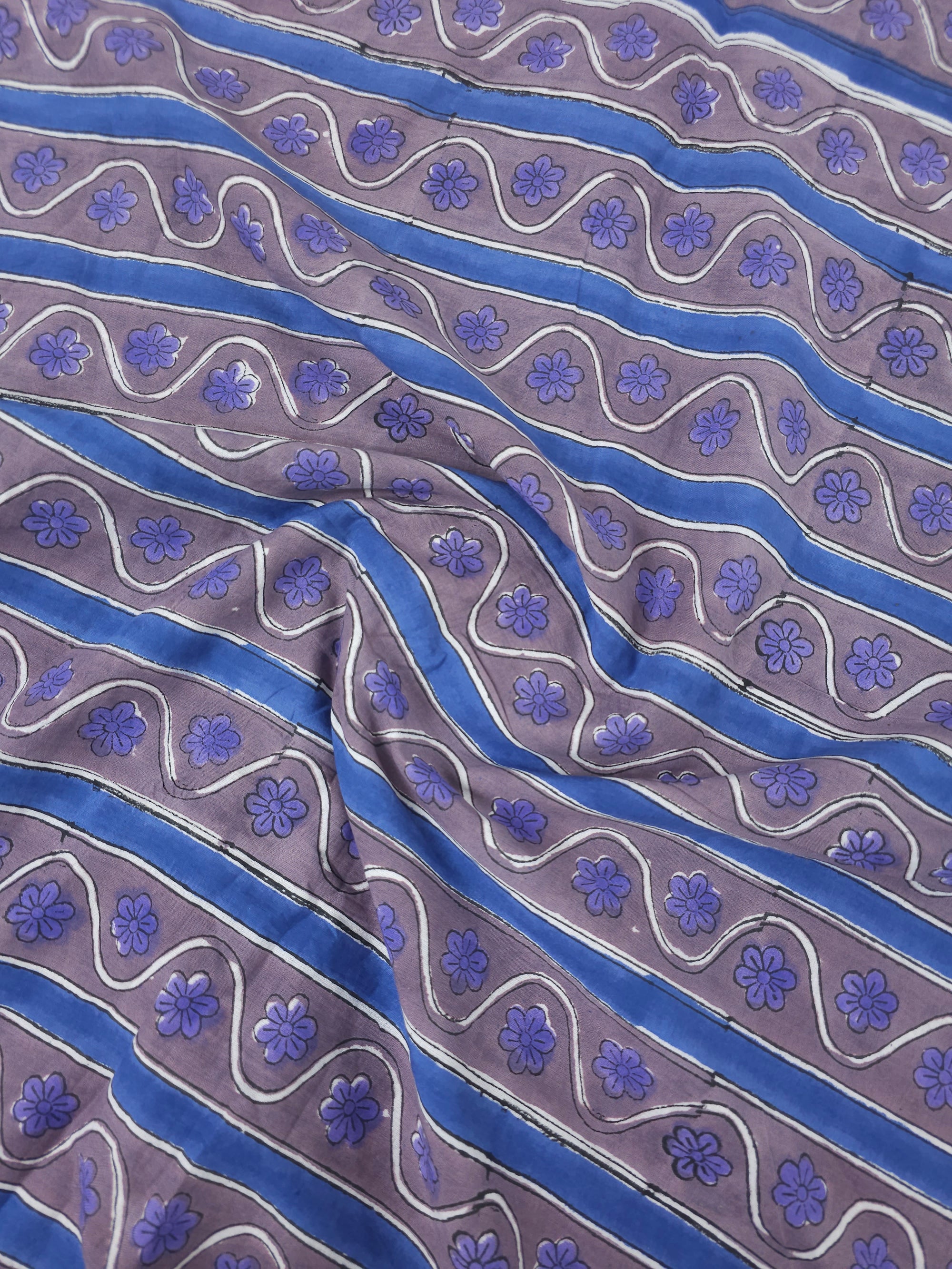 Lavender/Blue Daisy Floral Stripe Block Print Cotton