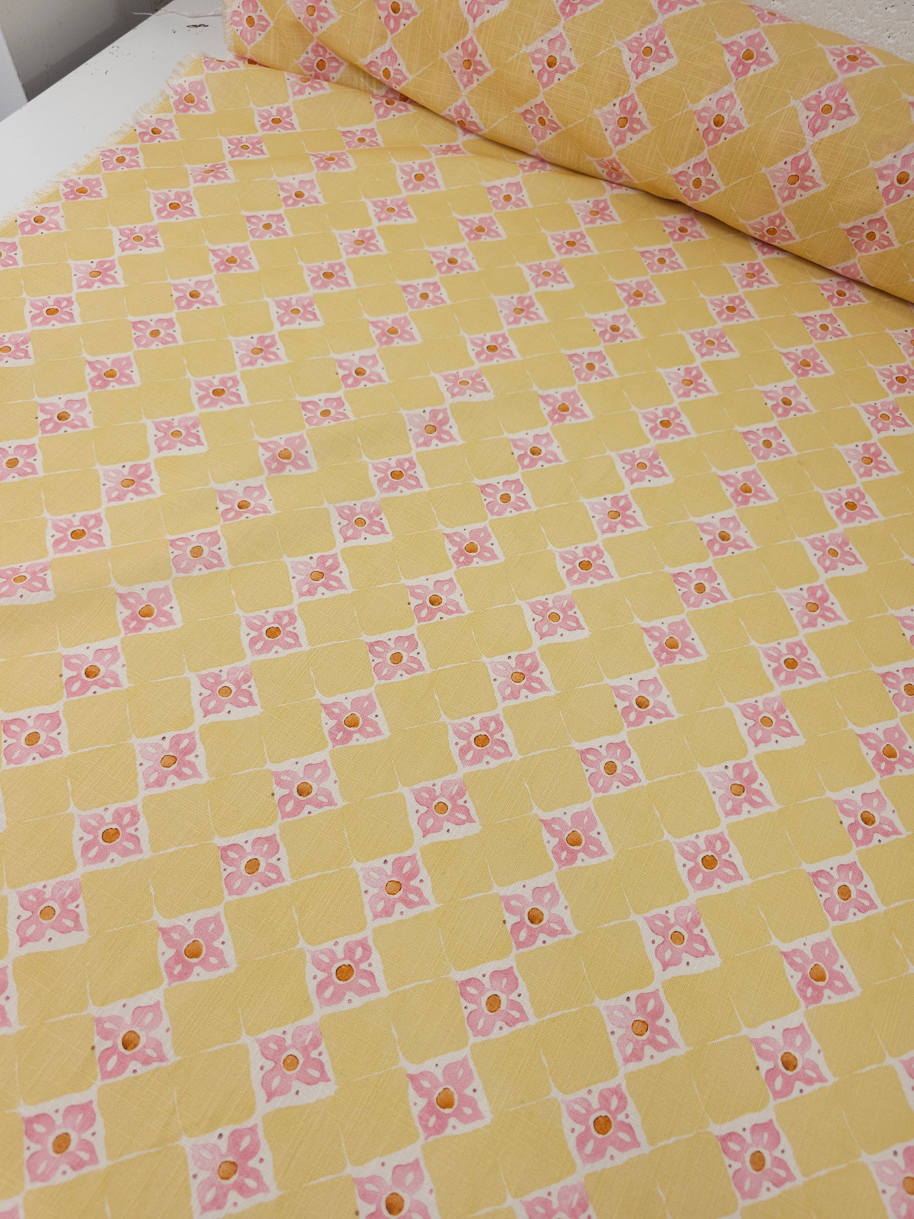 Pale Yellow/Pink Abstract Diamond Viscose