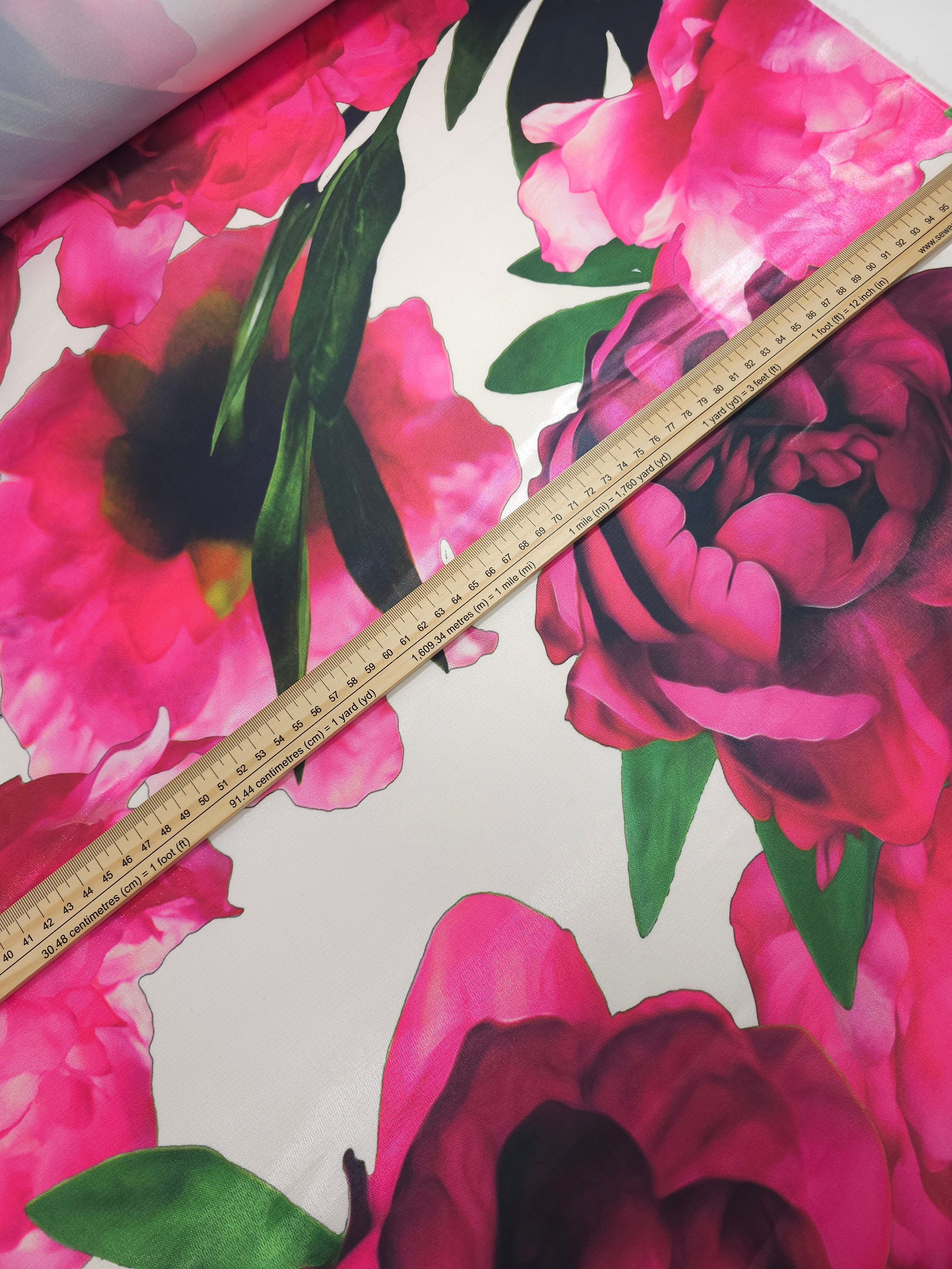 Hot Pink Large Mirror Floral Wet Look Satin (Various Sizes)