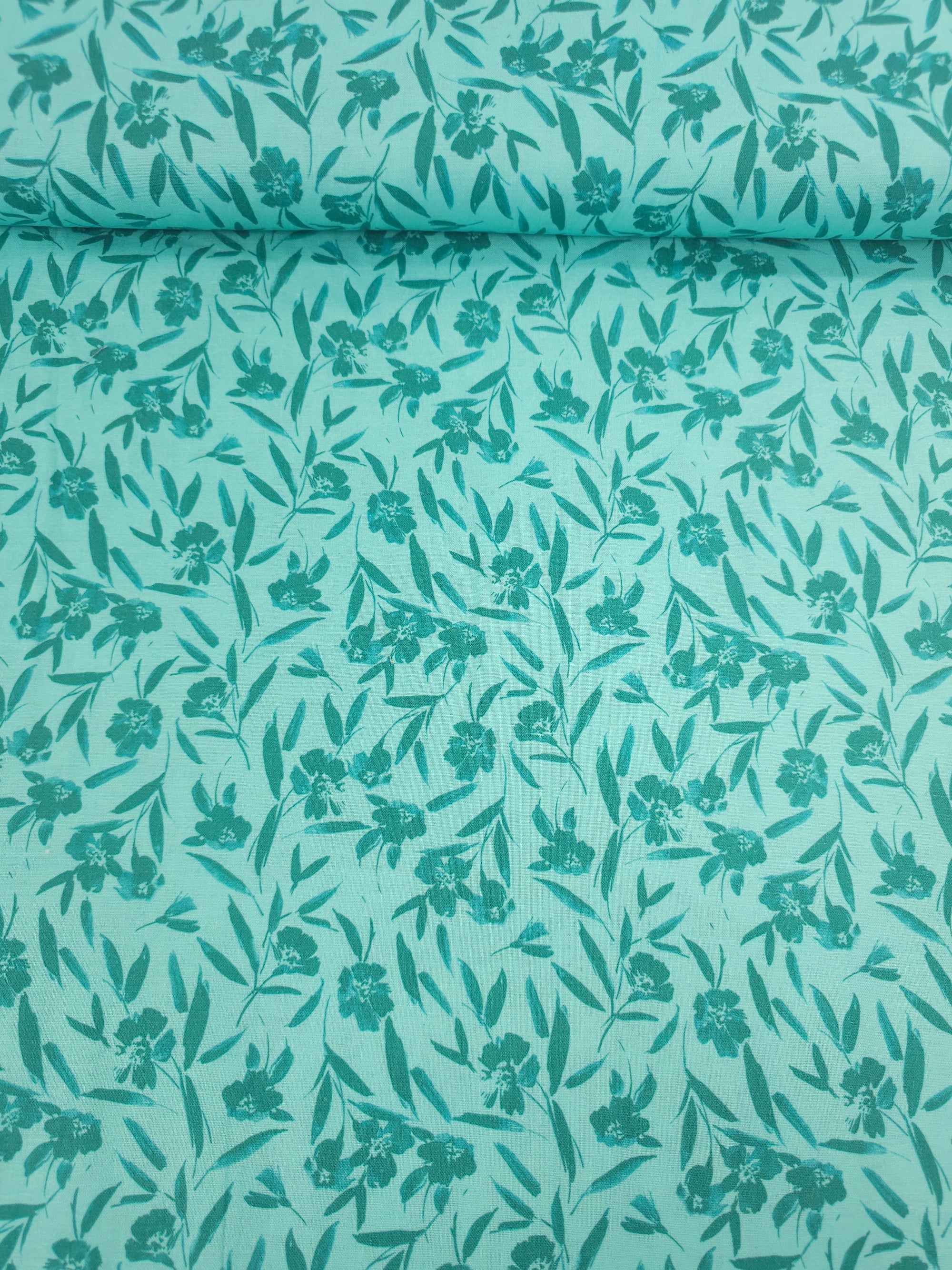 Mint Blue Watercolour Sketch Floral 100% Cotton
