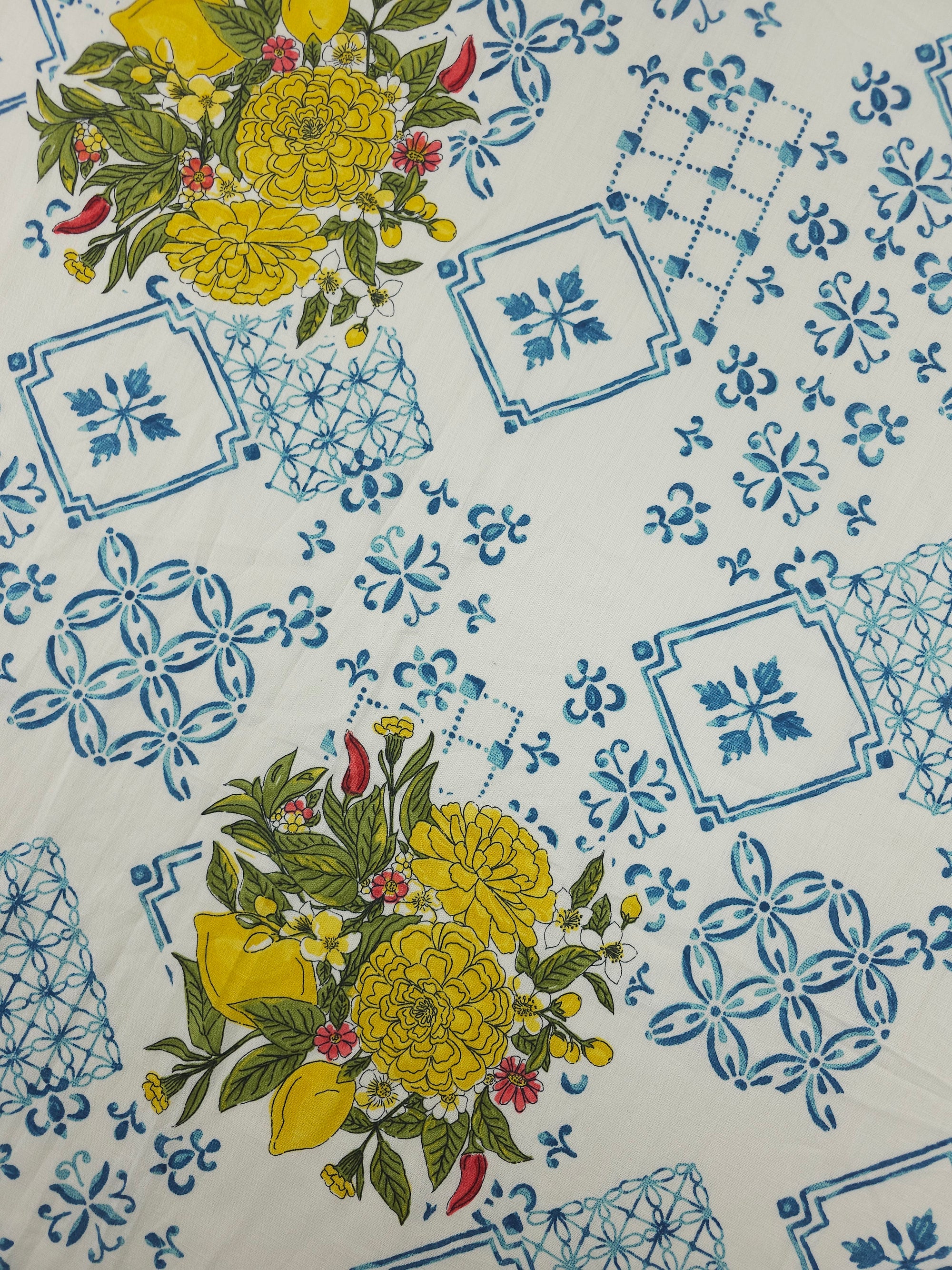 Blue Fantasia Lemon Floral Cotton Linen