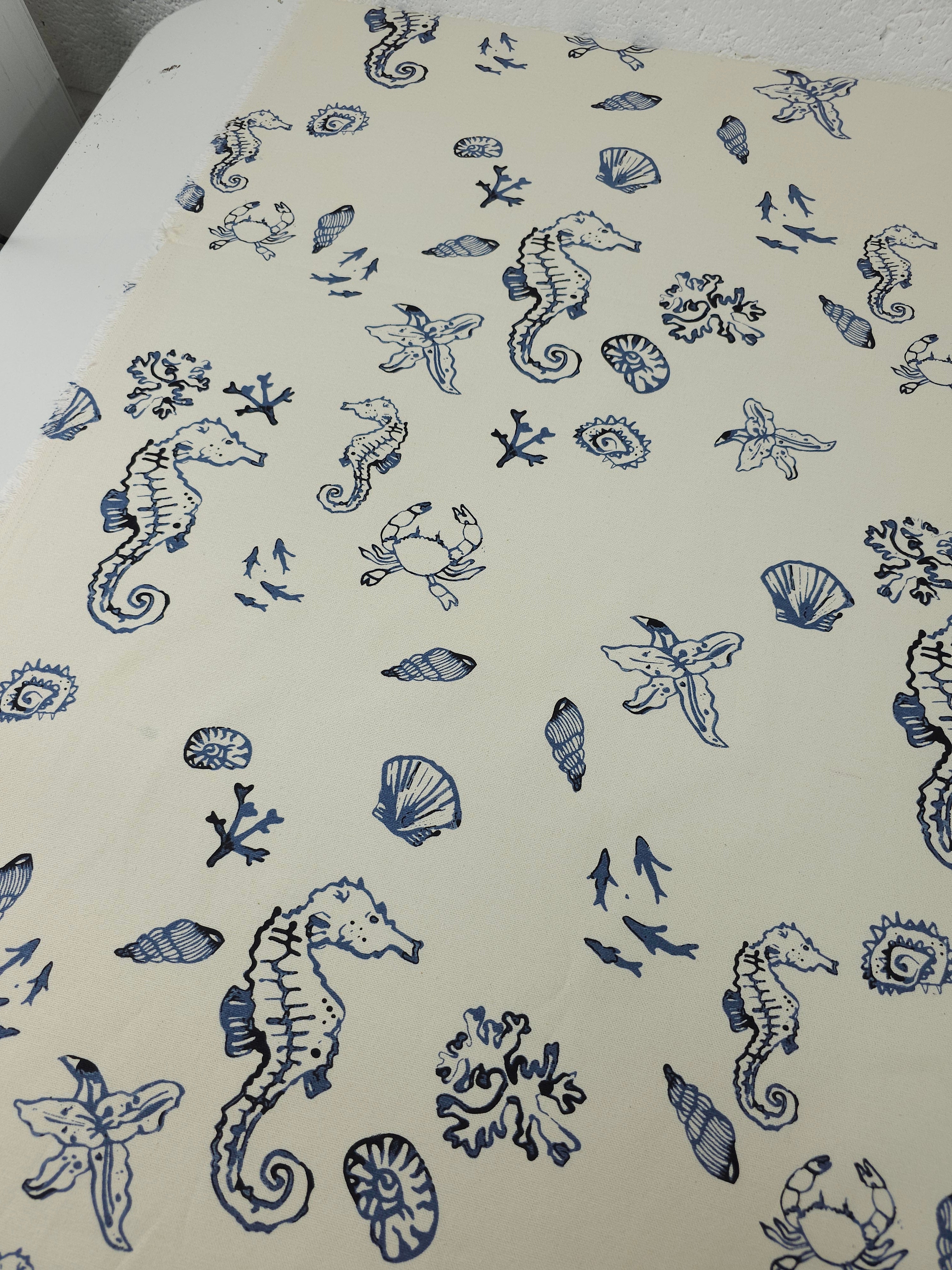 Ivory/Dusky Blue Coral Reef Cotton Linen