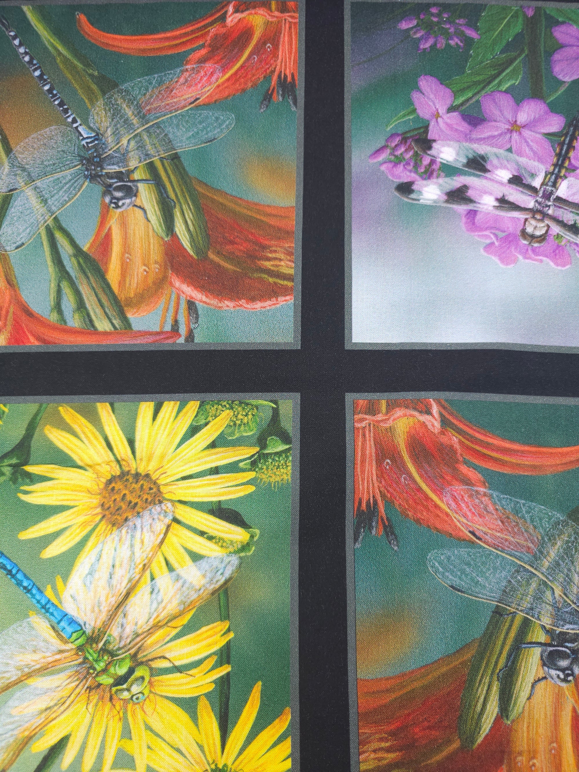 Floral Dragonfly Window Frames 100% Cotton