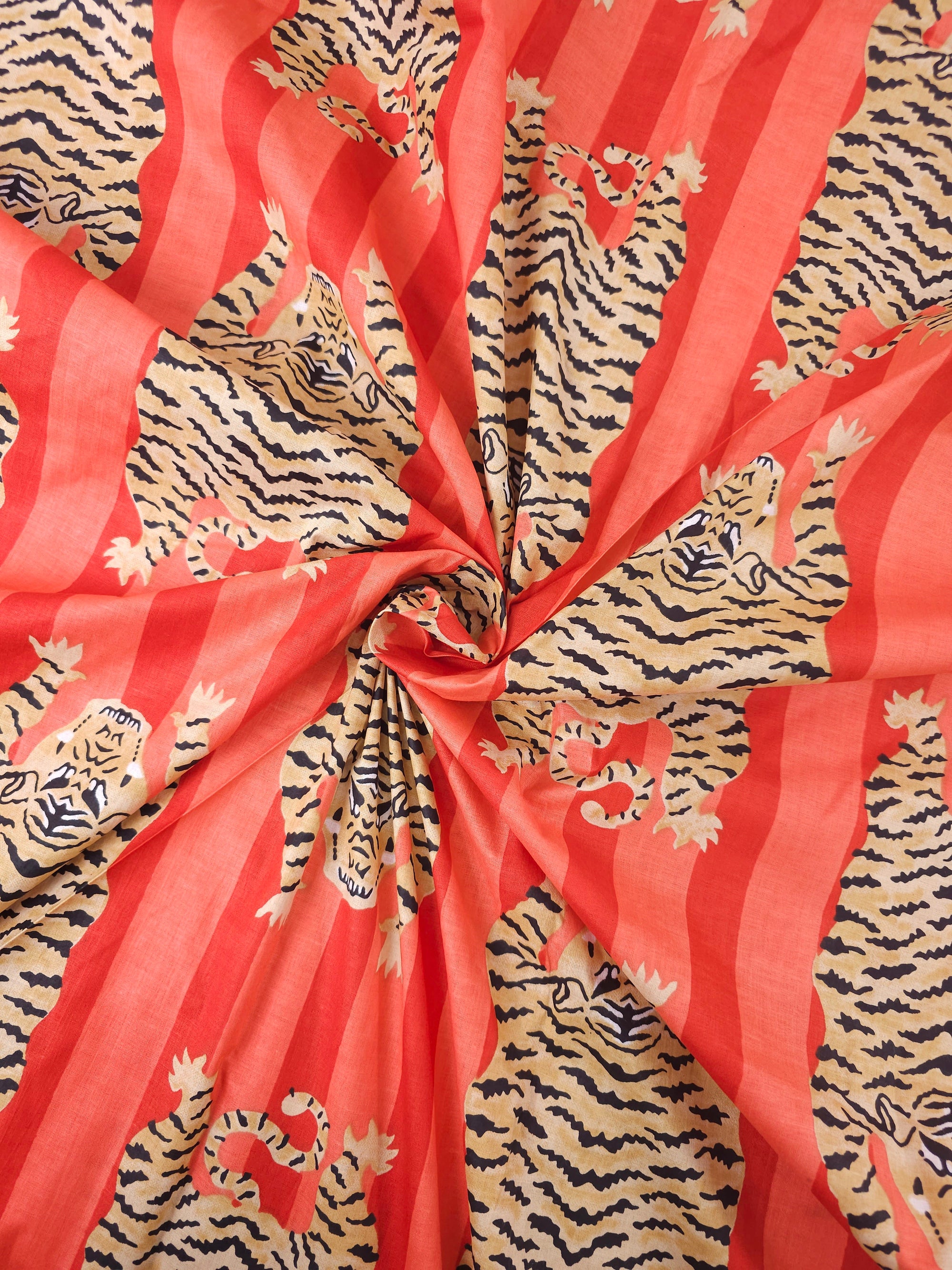Red/Coral Stripe Tiger Block Print Cotton