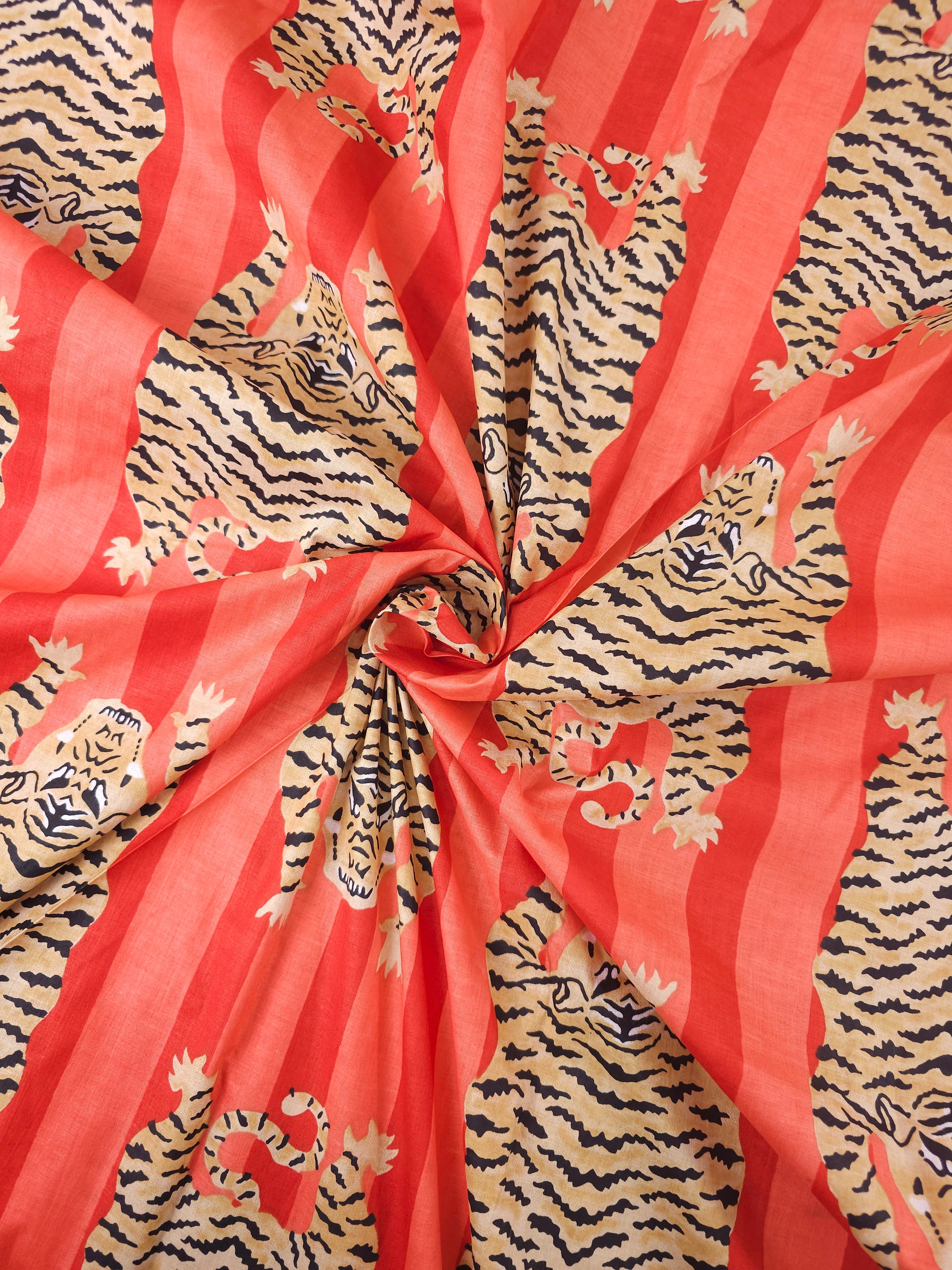 Red/Coral Stripe Tiger Block Print Cotton