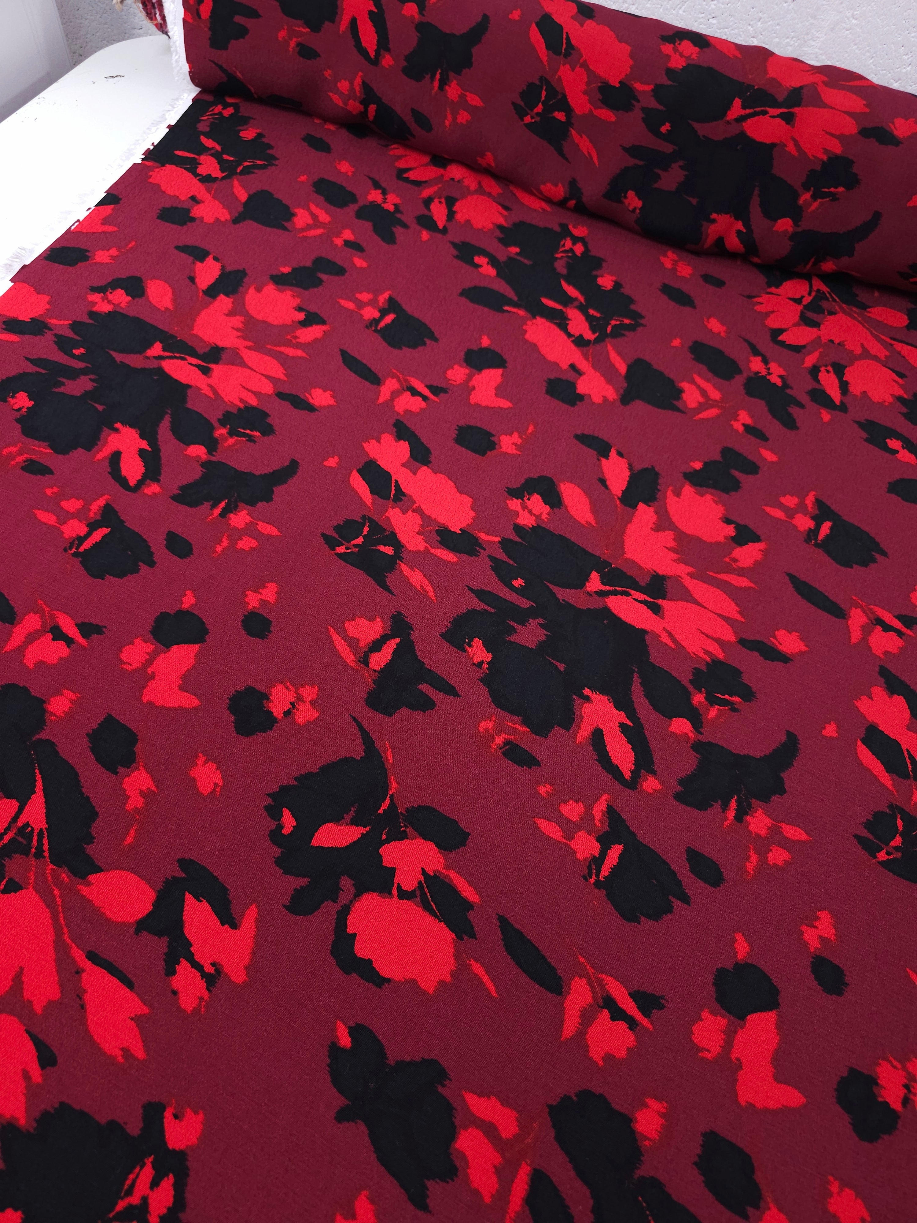Wine/Red Blur Floral Petal Viscose Crepe