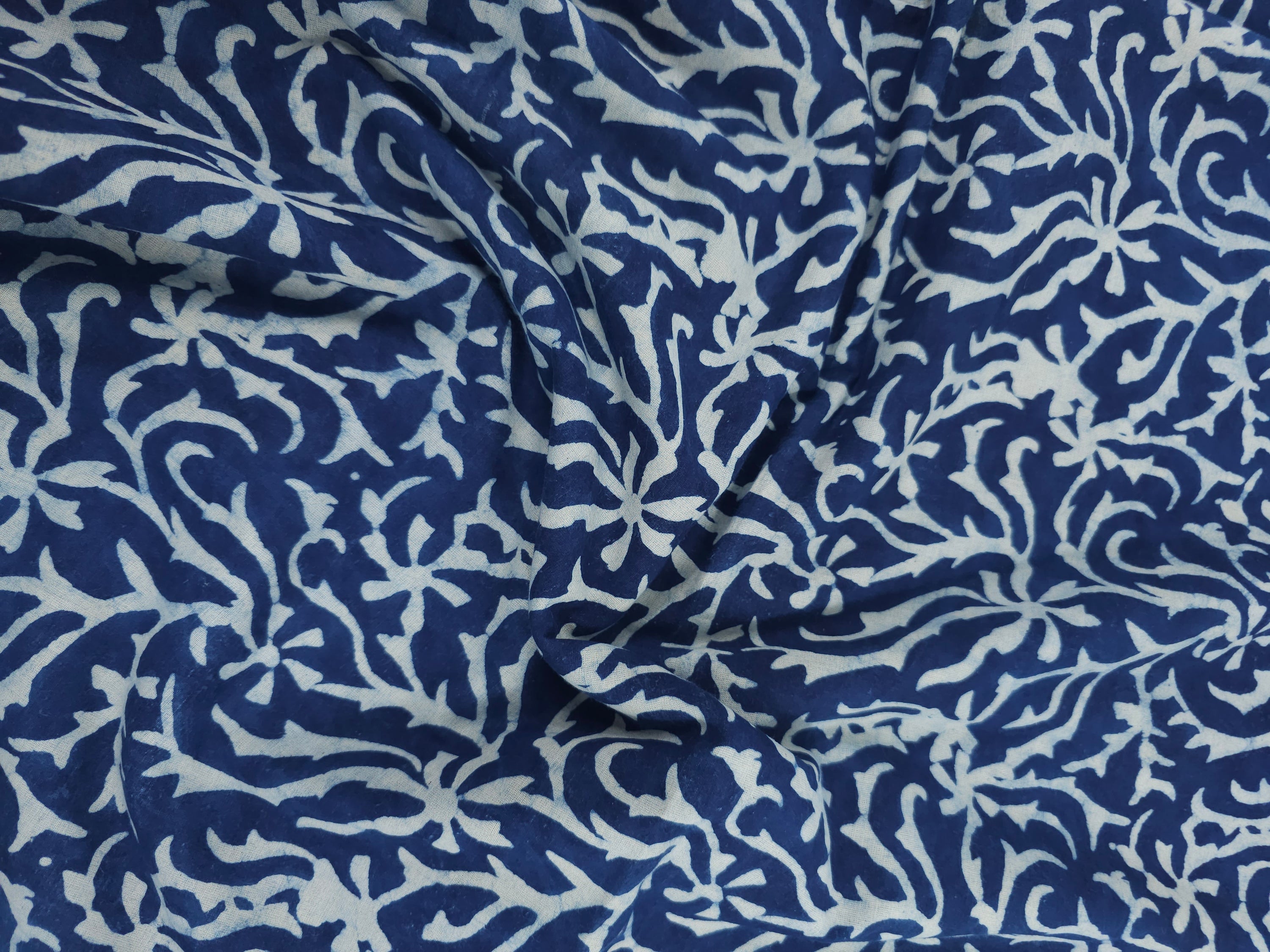 Deep Blue Floral Web Twine Block Print Cotton