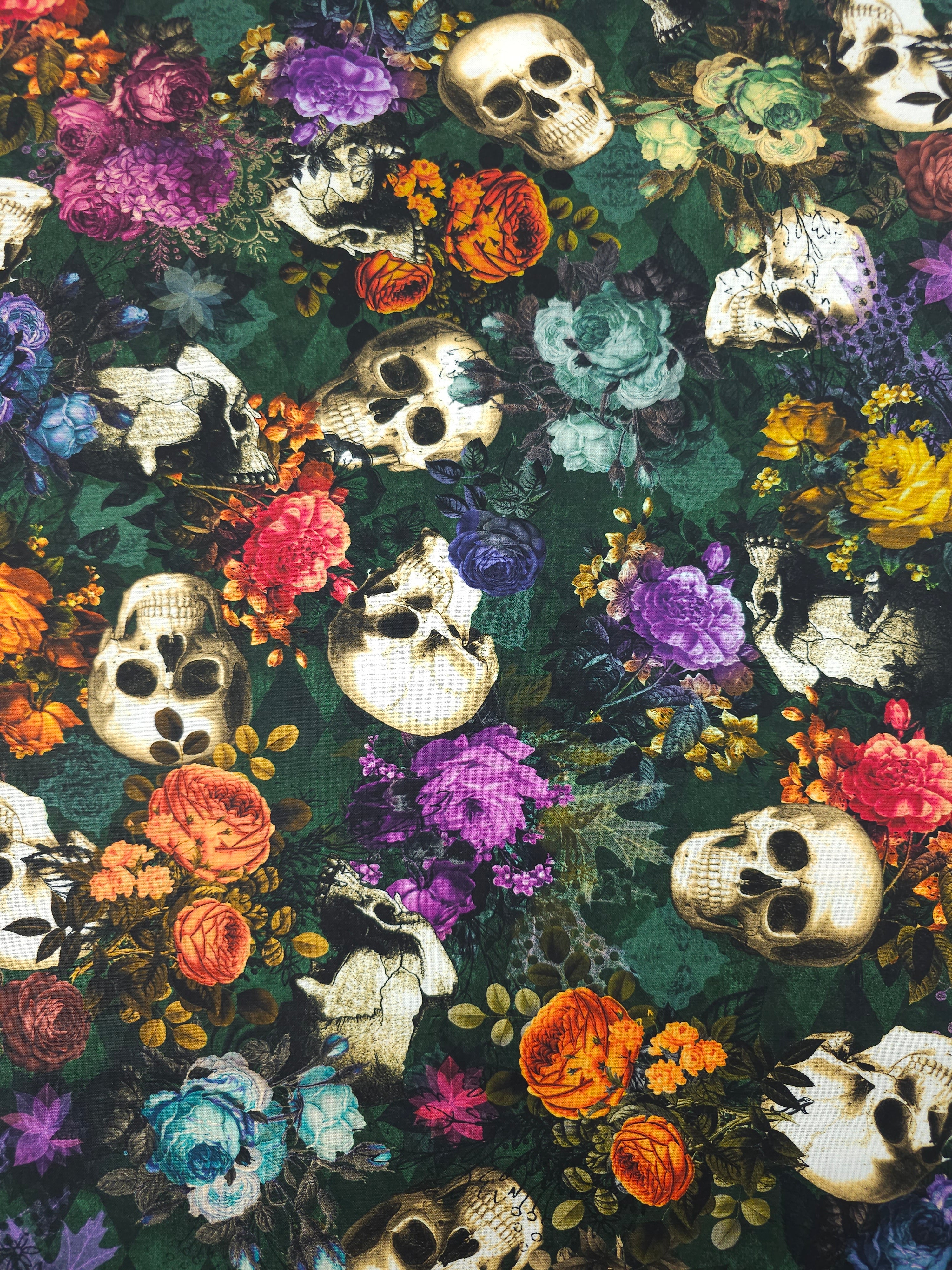 Green Vintage Floral Skull 100% Cotton - Robert Kaufman