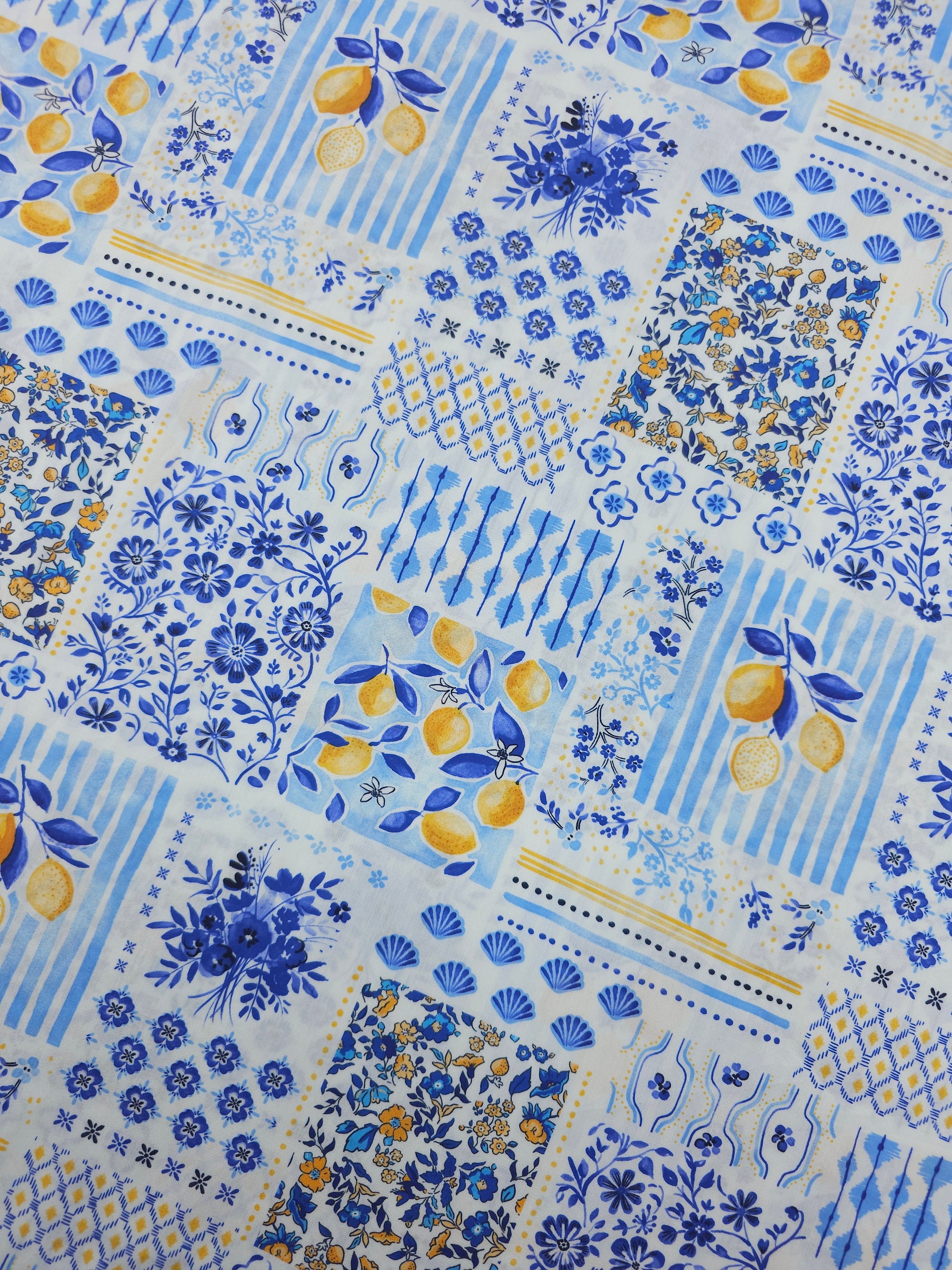 Blue Mediterannean Lemon Tile Lightweight Cotton 57"
