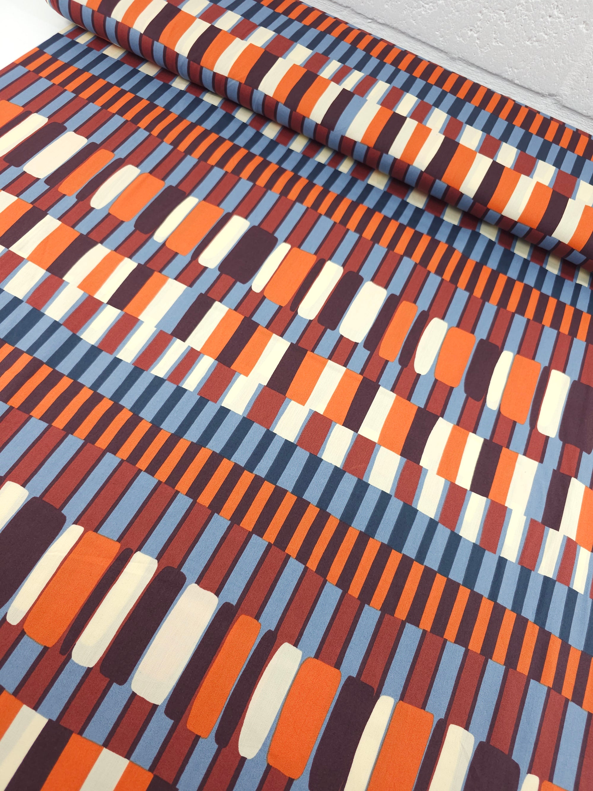 Orange/Blue Abstract Layer Stripes Cotton Viscose