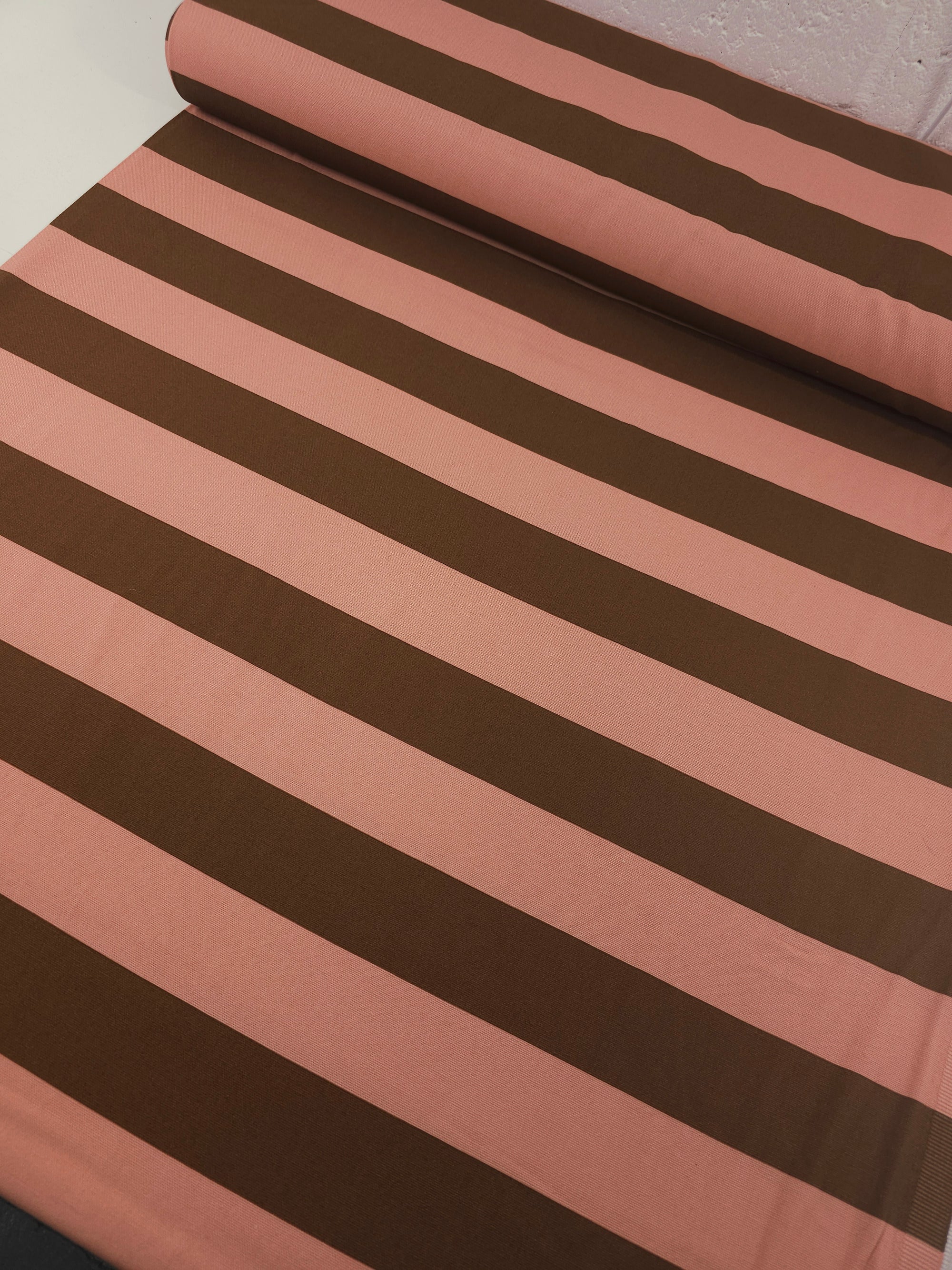 Salmon Pink/Brown Block Stripe Lightweight Canvas Cotton