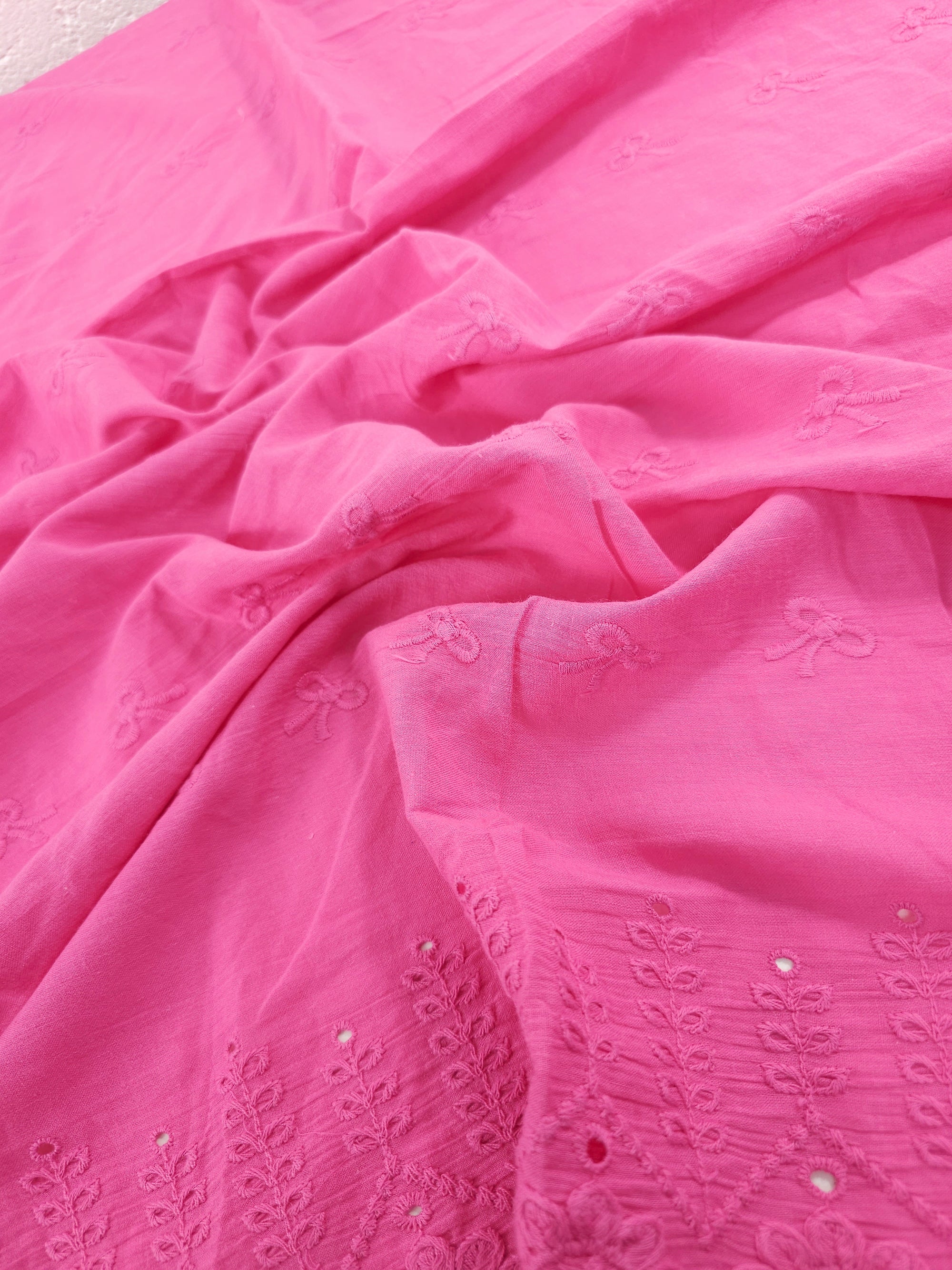 Fuchsia Pink Bow Floral Cambric Cotton Broderie Anglaise