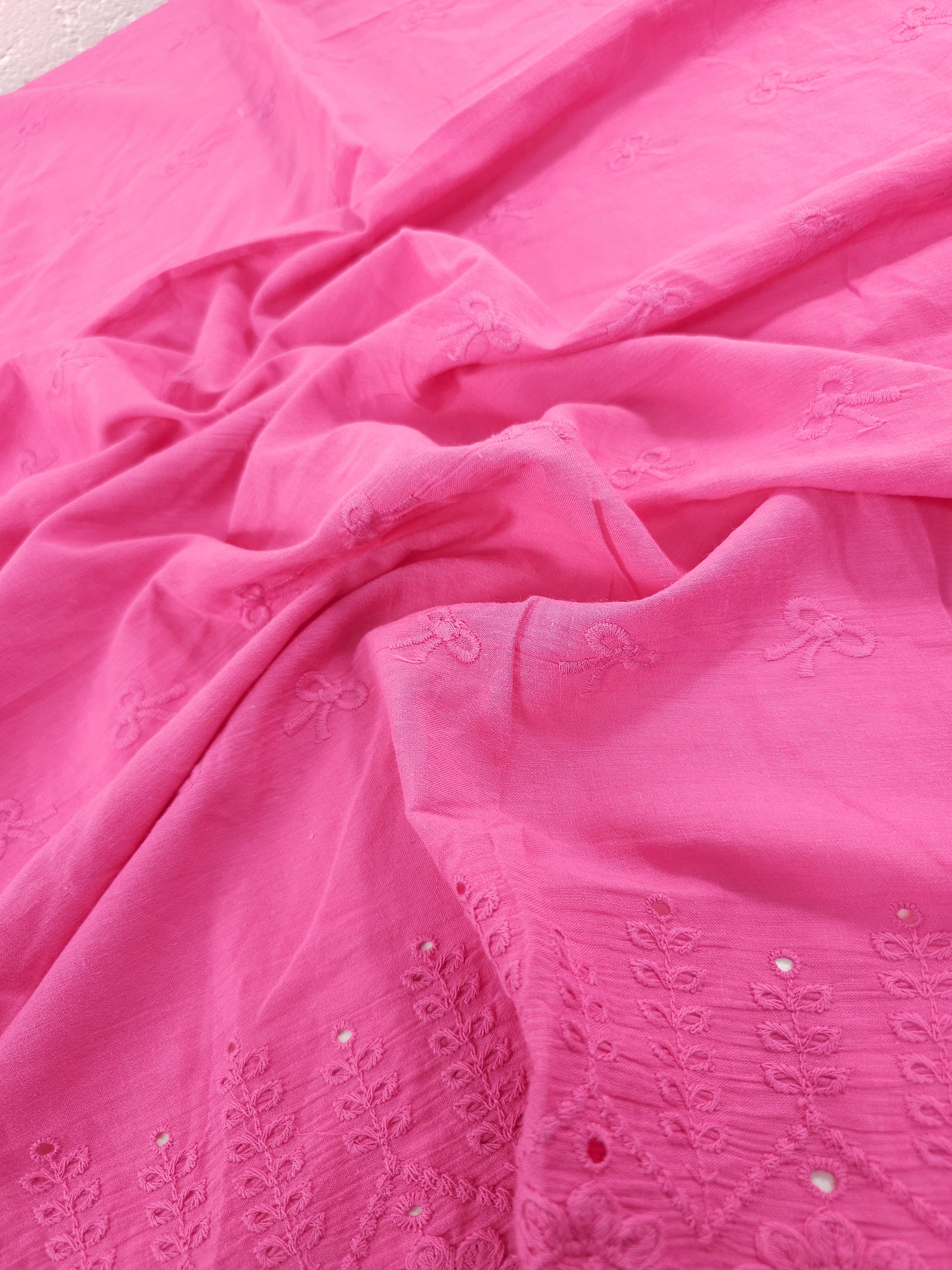 Fuchsia Pink Bow Floral Cambric Cotton Broderie Anglaise